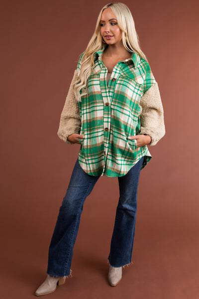 Jade Plaid Shacket with Sherpa Sleeves