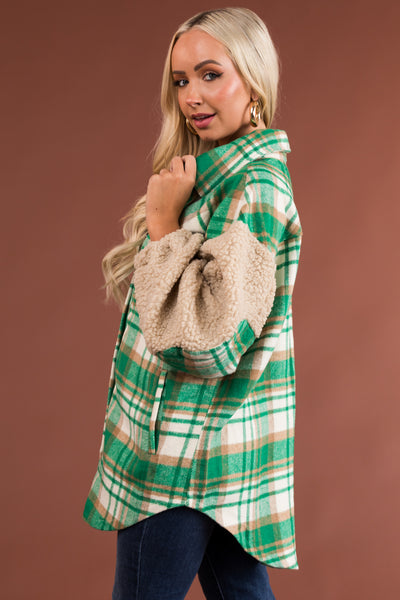 Jade Plaid Shacket with Sherpa Sleeves