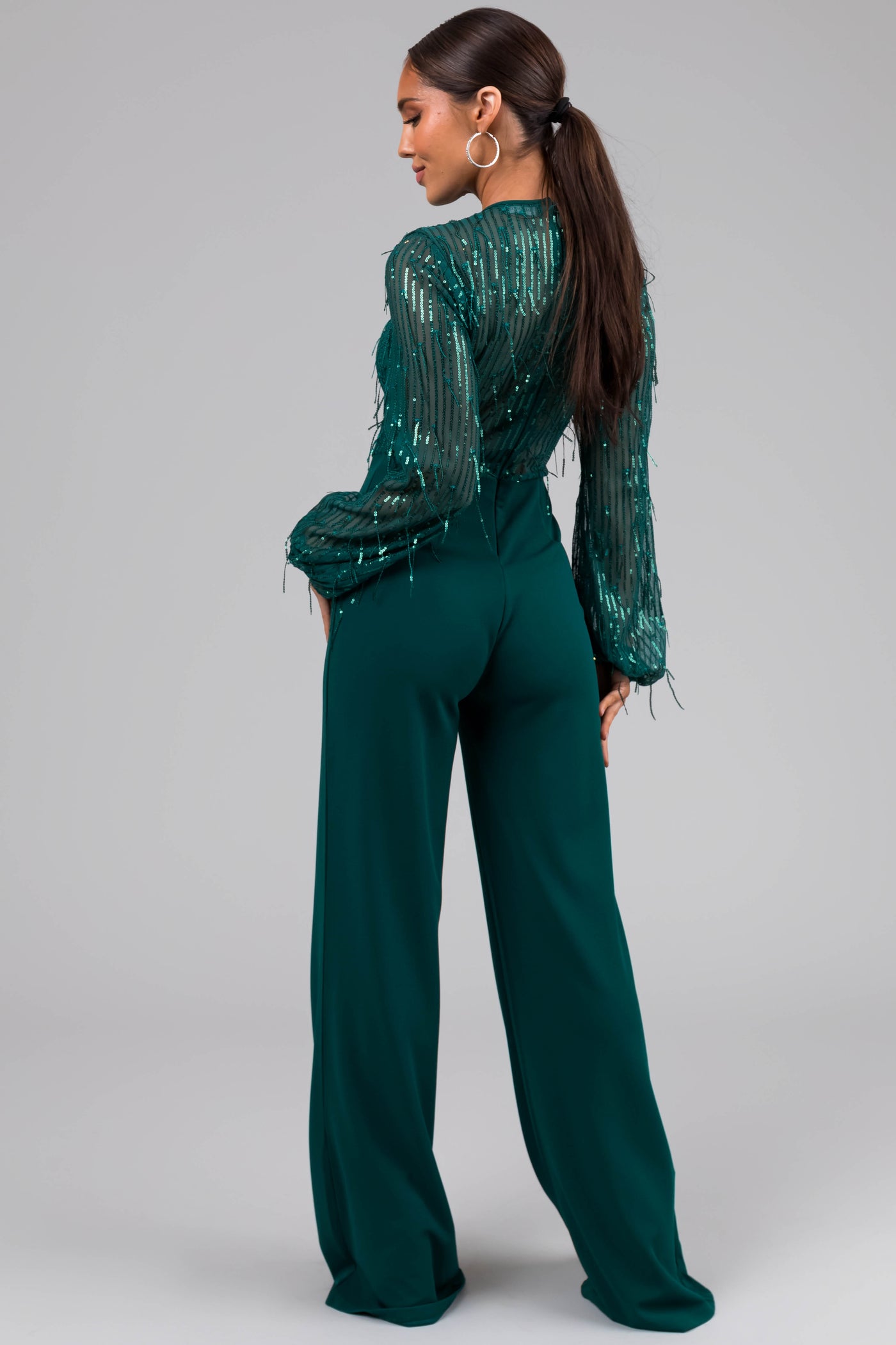 Jade Sequin Fringe Long Sleeve Flare Jumpsuit