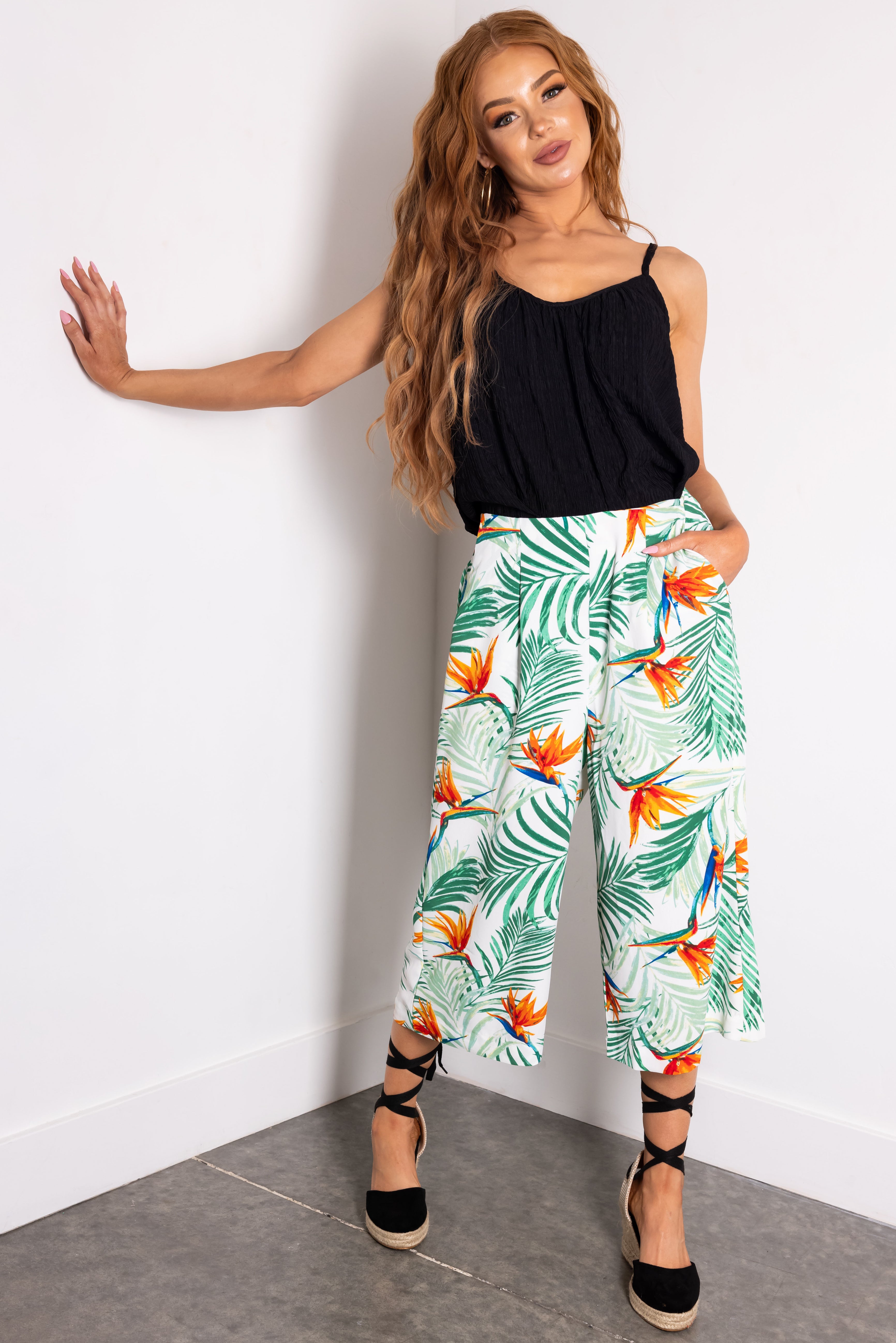 Jade Tropical Print Cropped Wide Leg Pants | Lime Lush Boutique