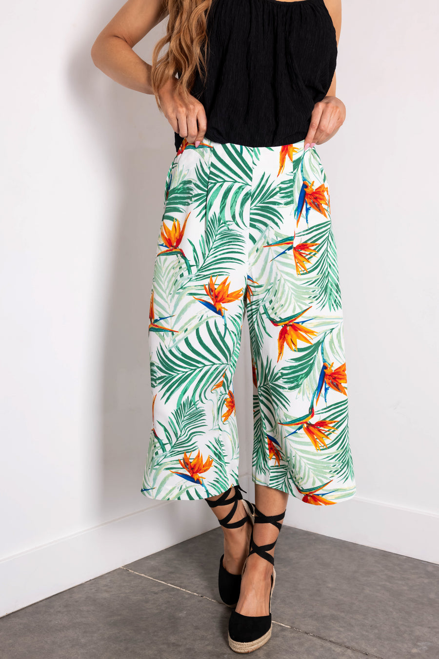 Jade Tropical Print Cropped Wide Leg Pants