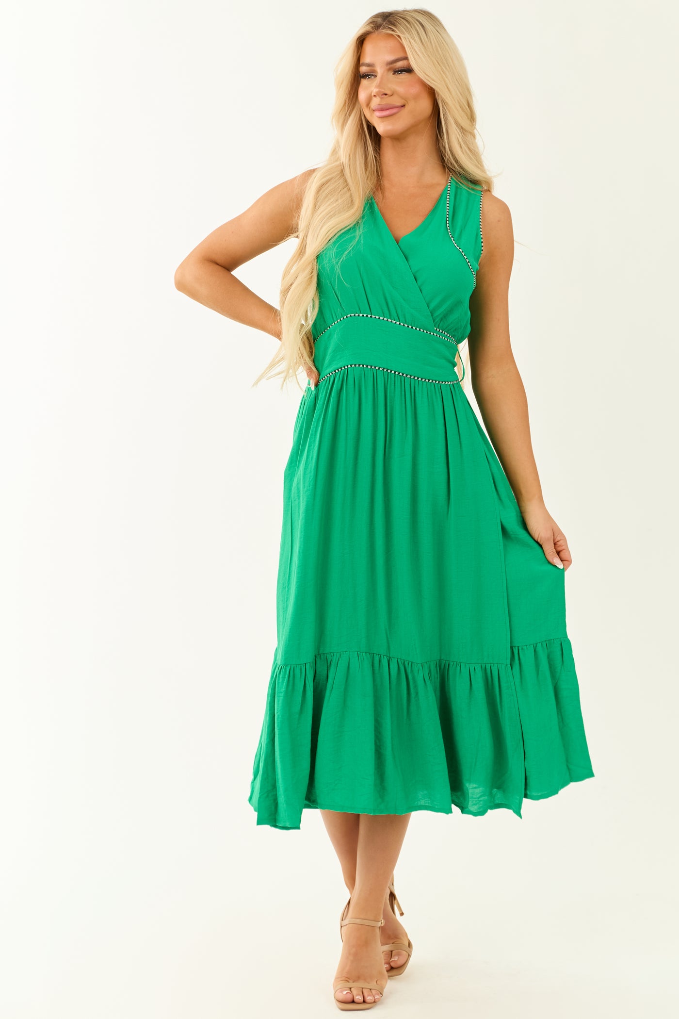 Jade V Neck Sleeveless Tiered Midi Wrap Dress | Lime Lush Boutique Jade V Neck Sleeveless Tiered Midi Wrap Dress | Lime Lush Boutique