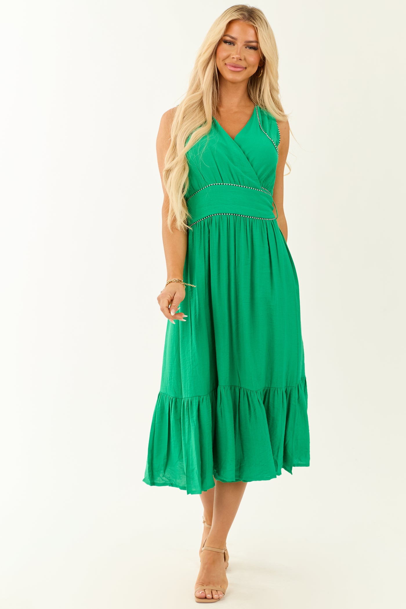 Jade V Neck Sleeveless Tiered Midi Wrap Dress