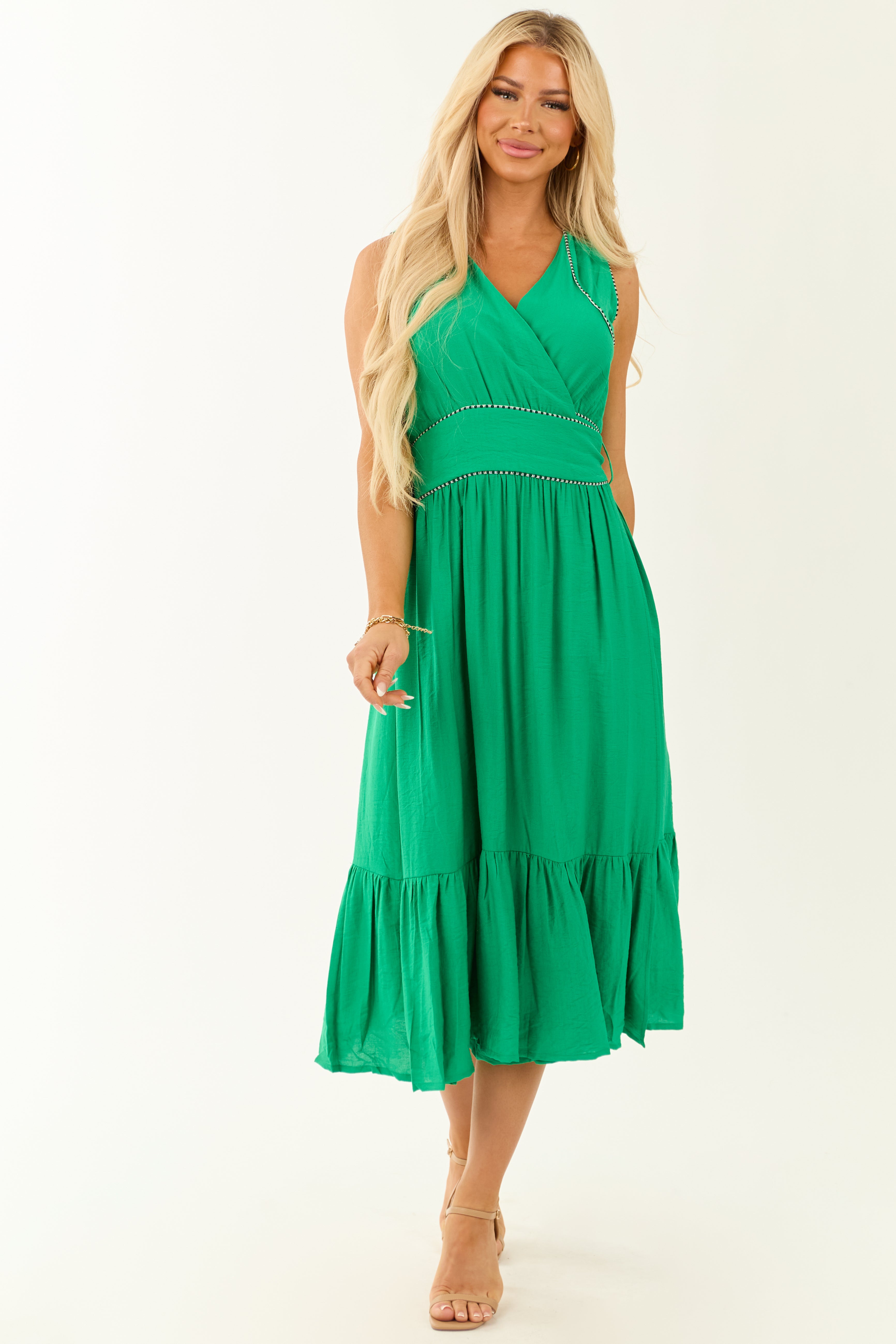 Jade V Neck Sleeveless Tiered Midi Wrap Dress