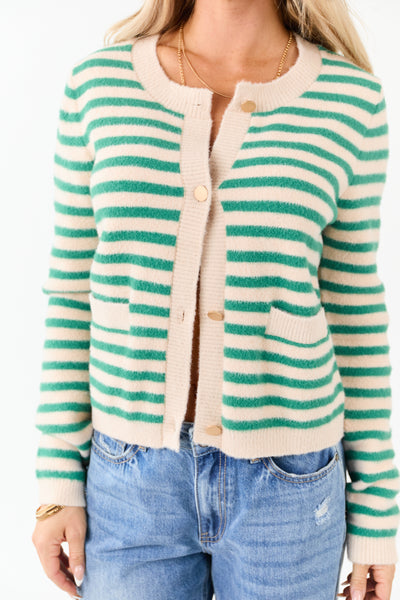 Jade and Champagne Striped Button Up Cardigan