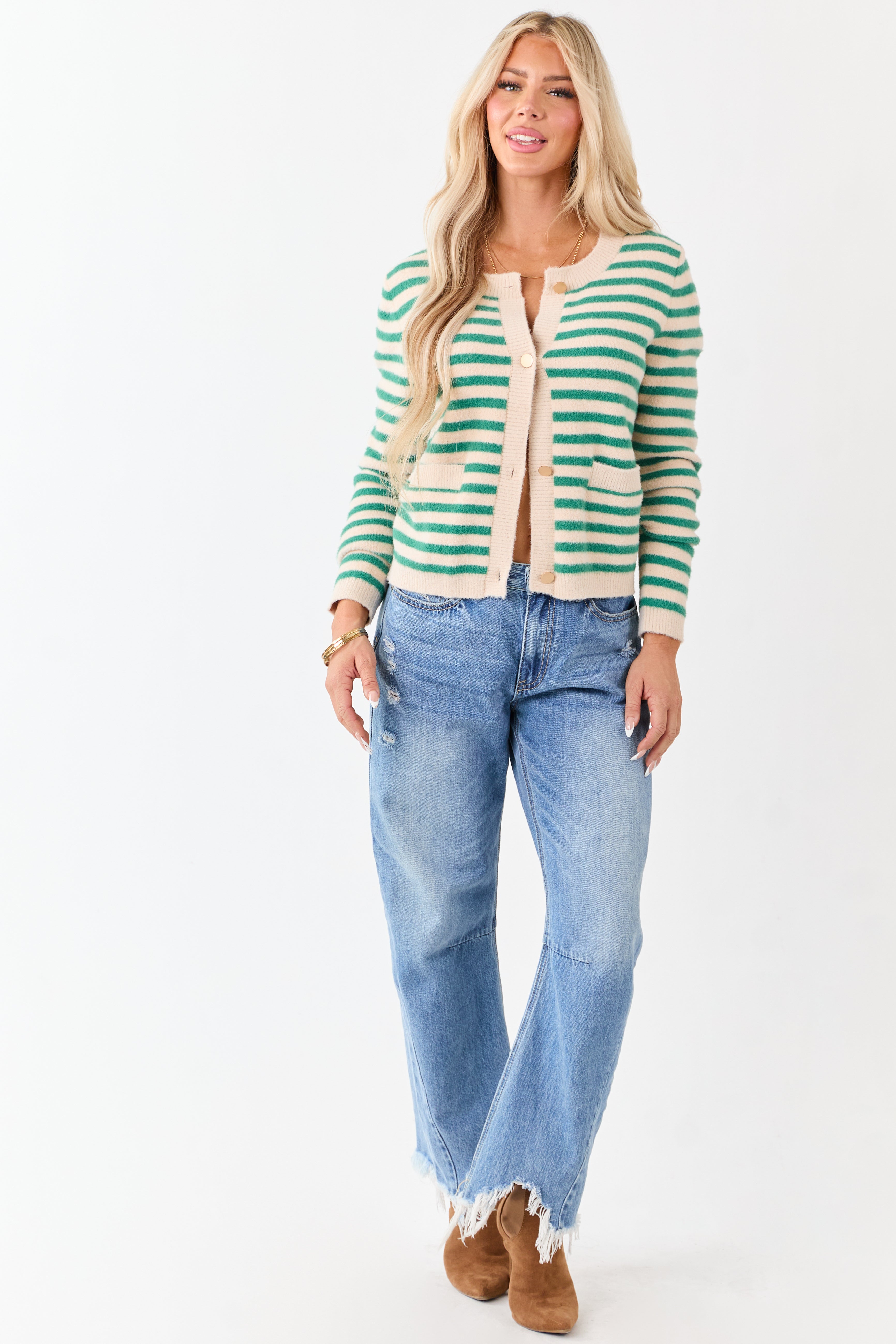 Jade and Champagne Striped Button Up Cardigan
