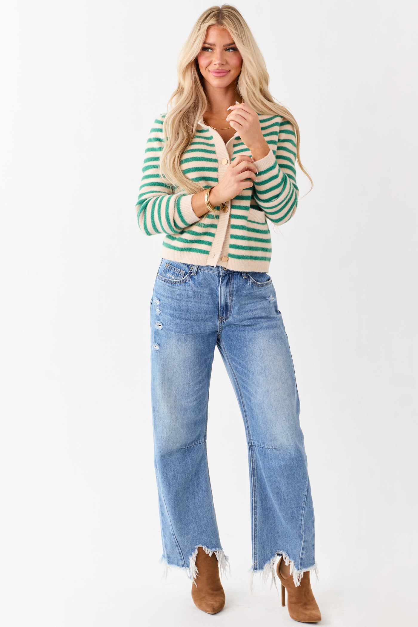 Jade and Champagne Striped Button Up Cardigan