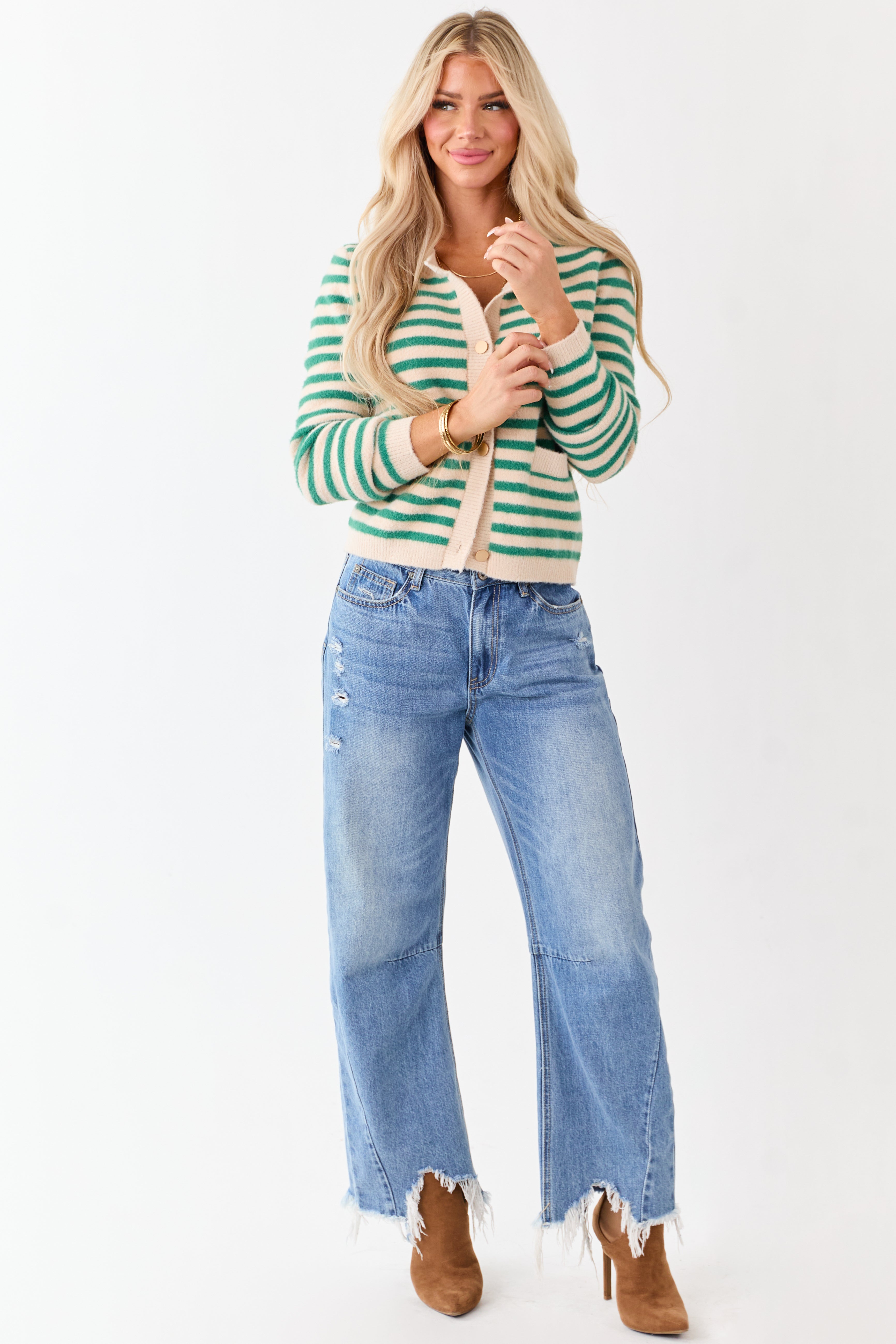 Jade and Champagne Striped Button Up Cardigan