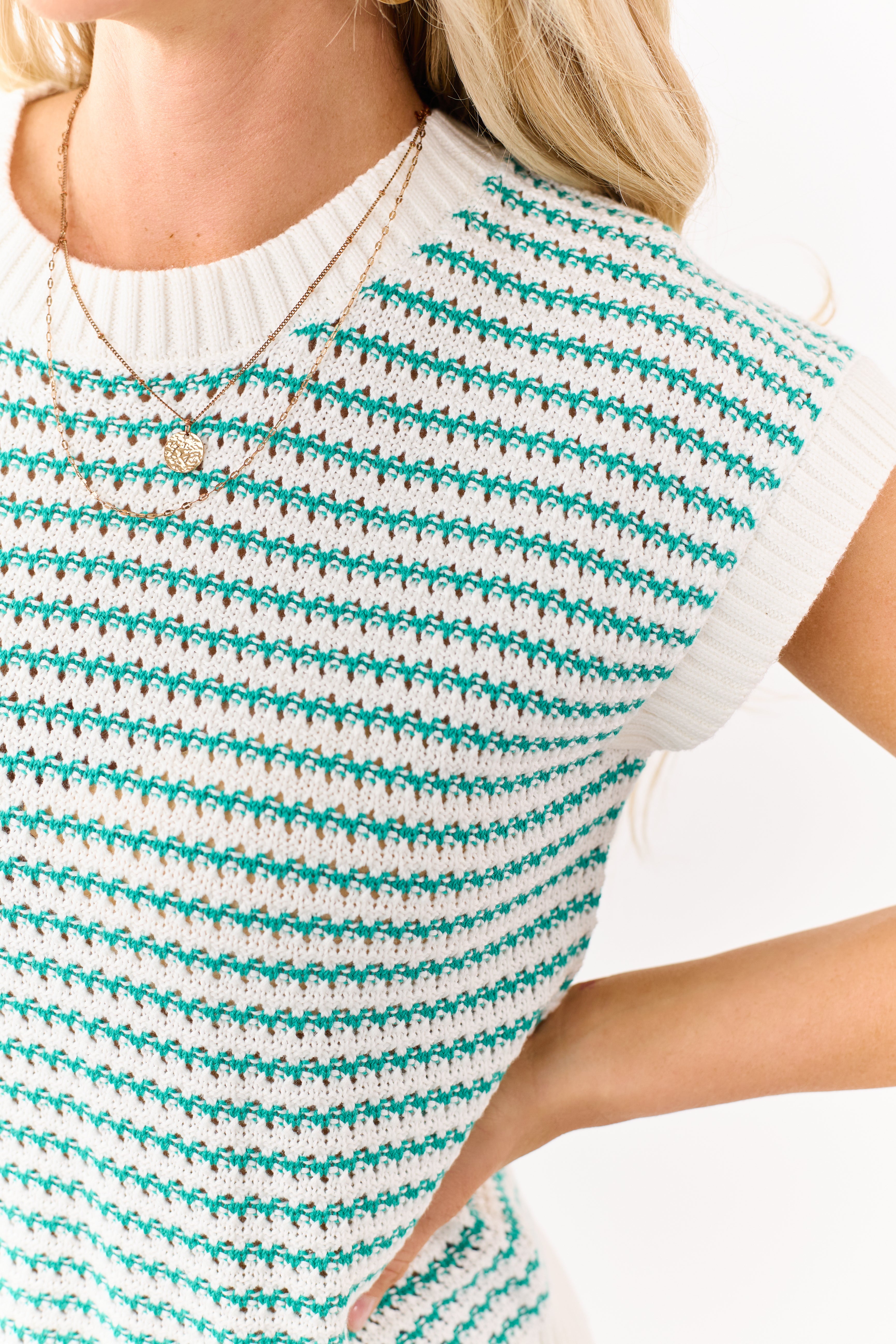 Jade and Off White Striped Sweater Vest Top