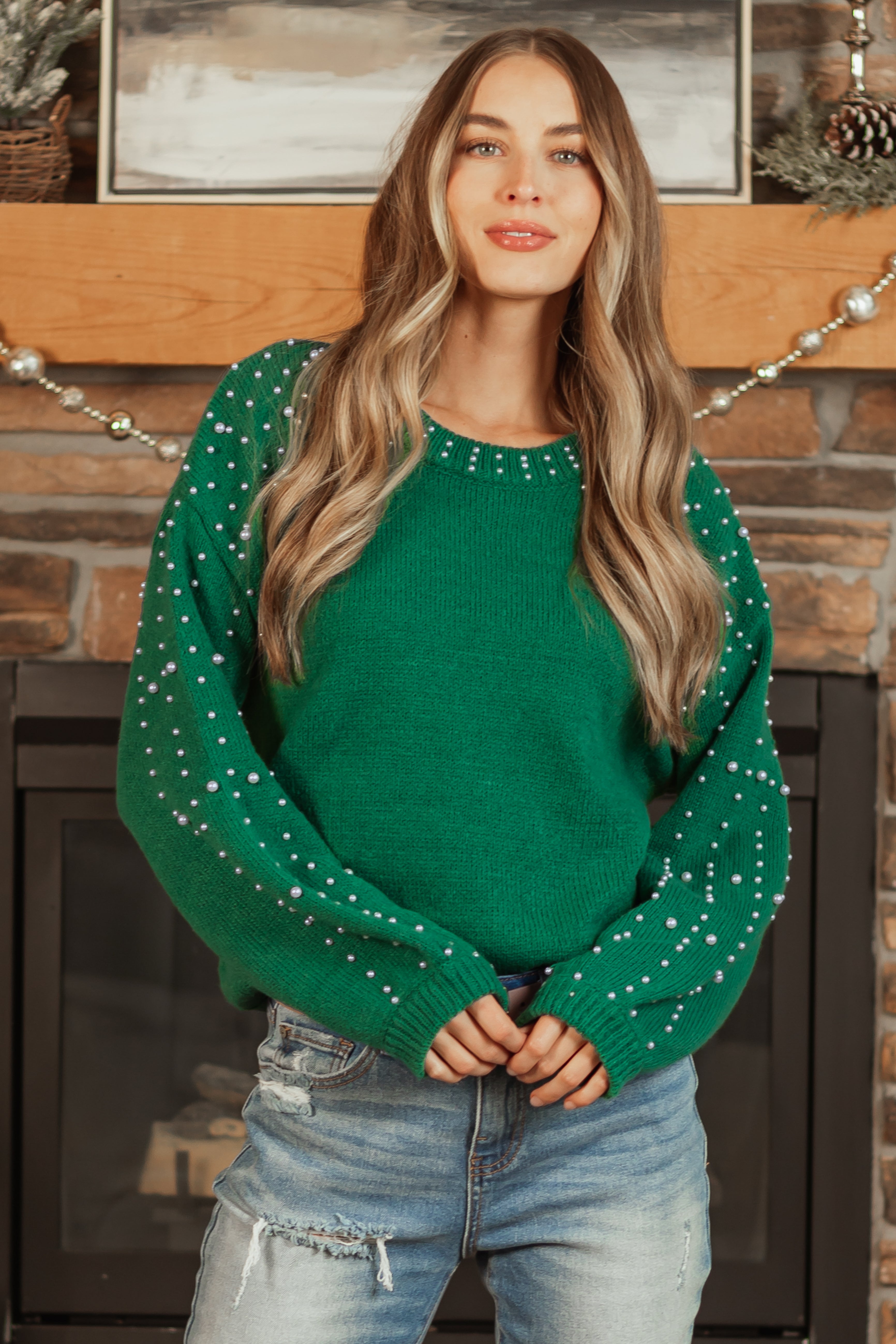 Jade Pearl Accent Balloon Sleeve Knit Sweater Lime Lush Boutique