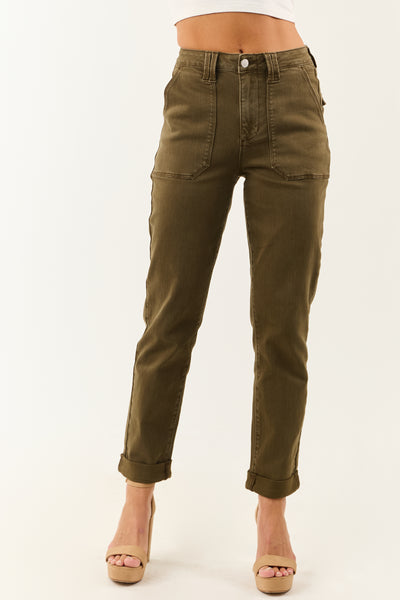 Judy Blue Army Green Cuffed Stretchy Straight Jeans