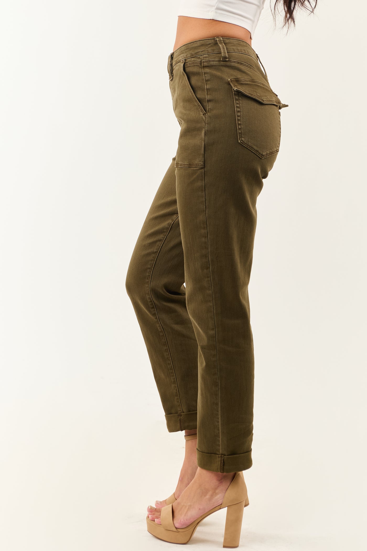 Judy Blue Army Green Cuffed Stretchy Straight Jeans