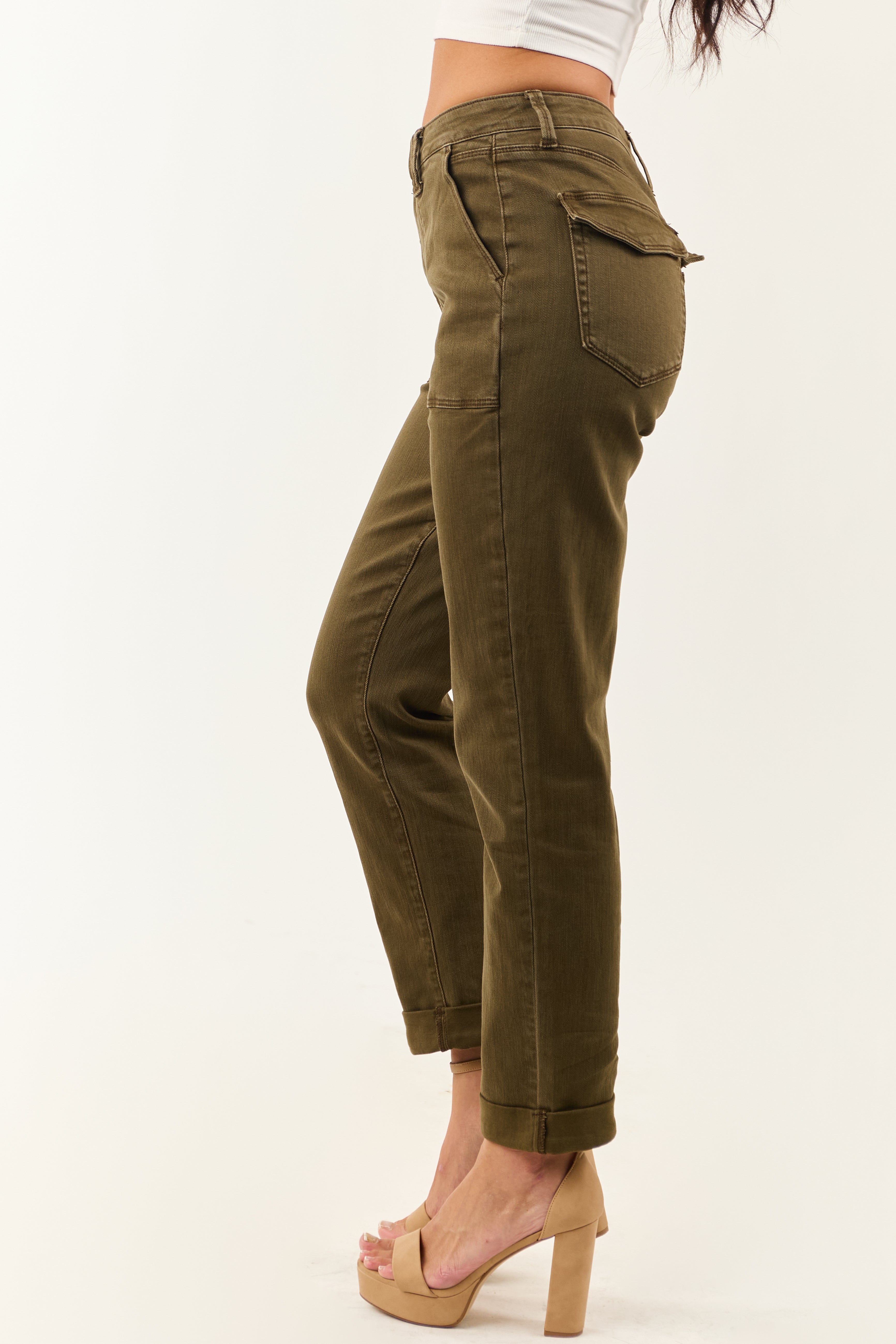 Judy Blue Army Green Cuffed Stretchy Straight Jeans