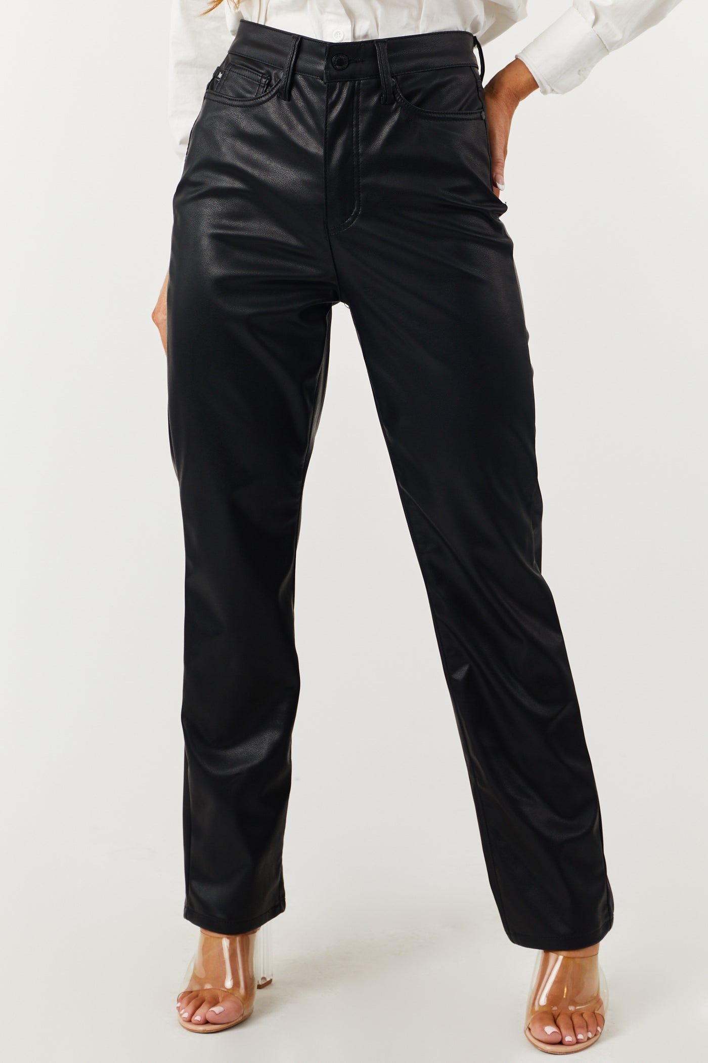 Judy Blue Black Faux Leather Tummy Control Straight Pants