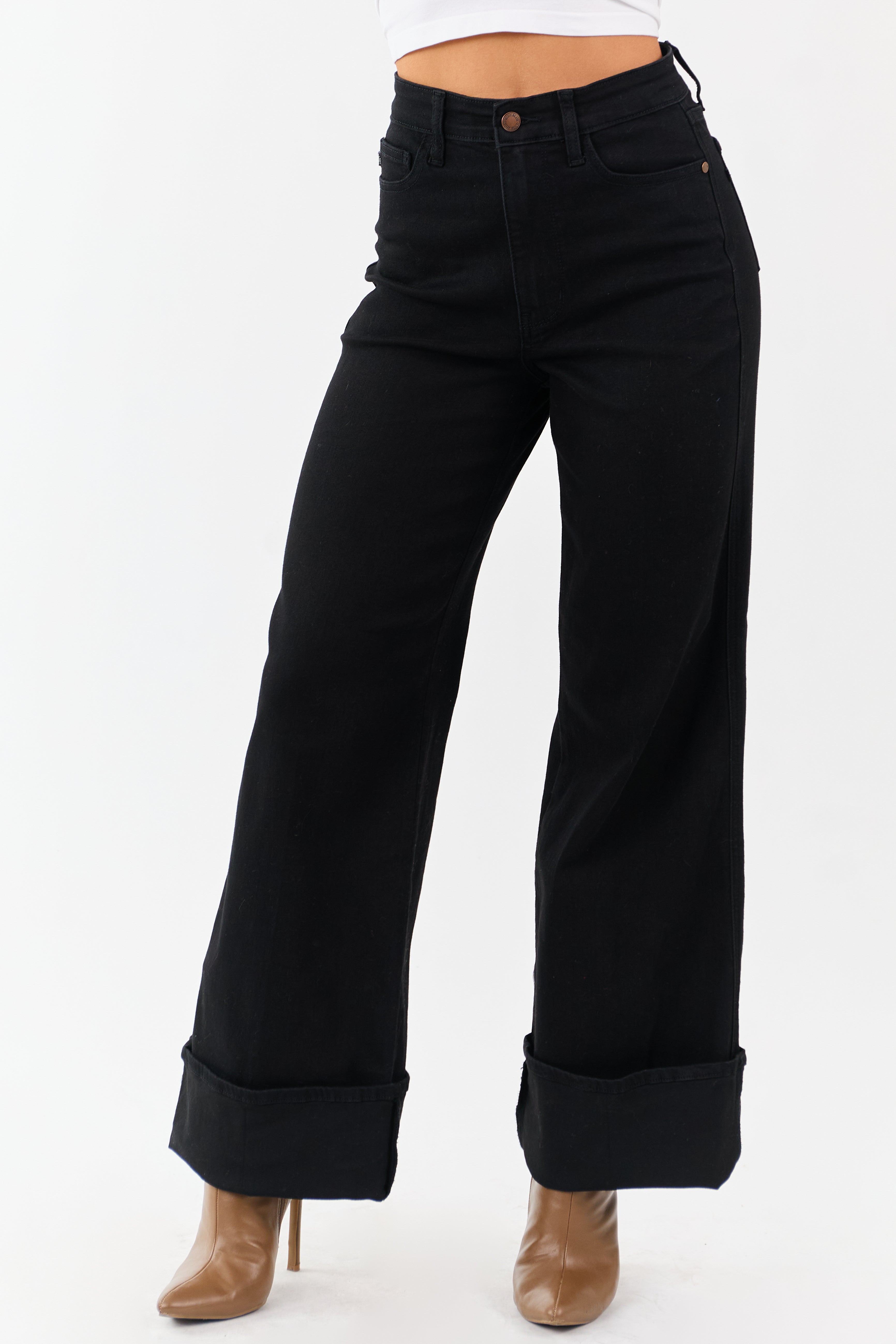Judy Blue Black Wide Leg Cuffed Stretchy Jeans
