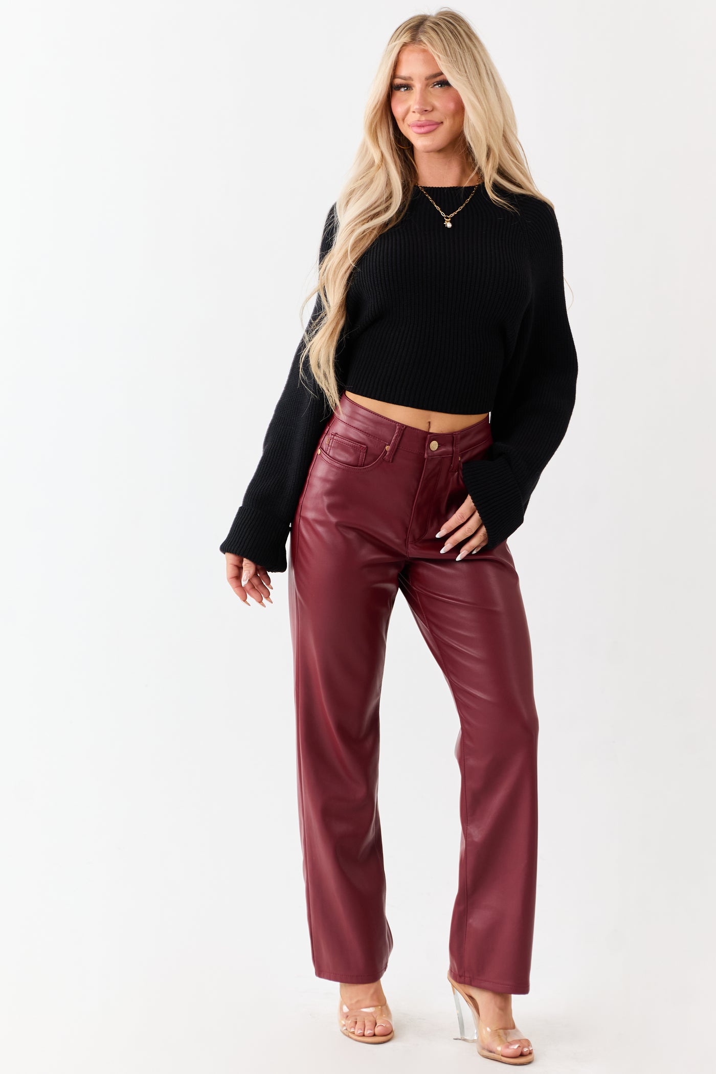 Judy Blue Burgundy Faux Leather Tummy Control Pants