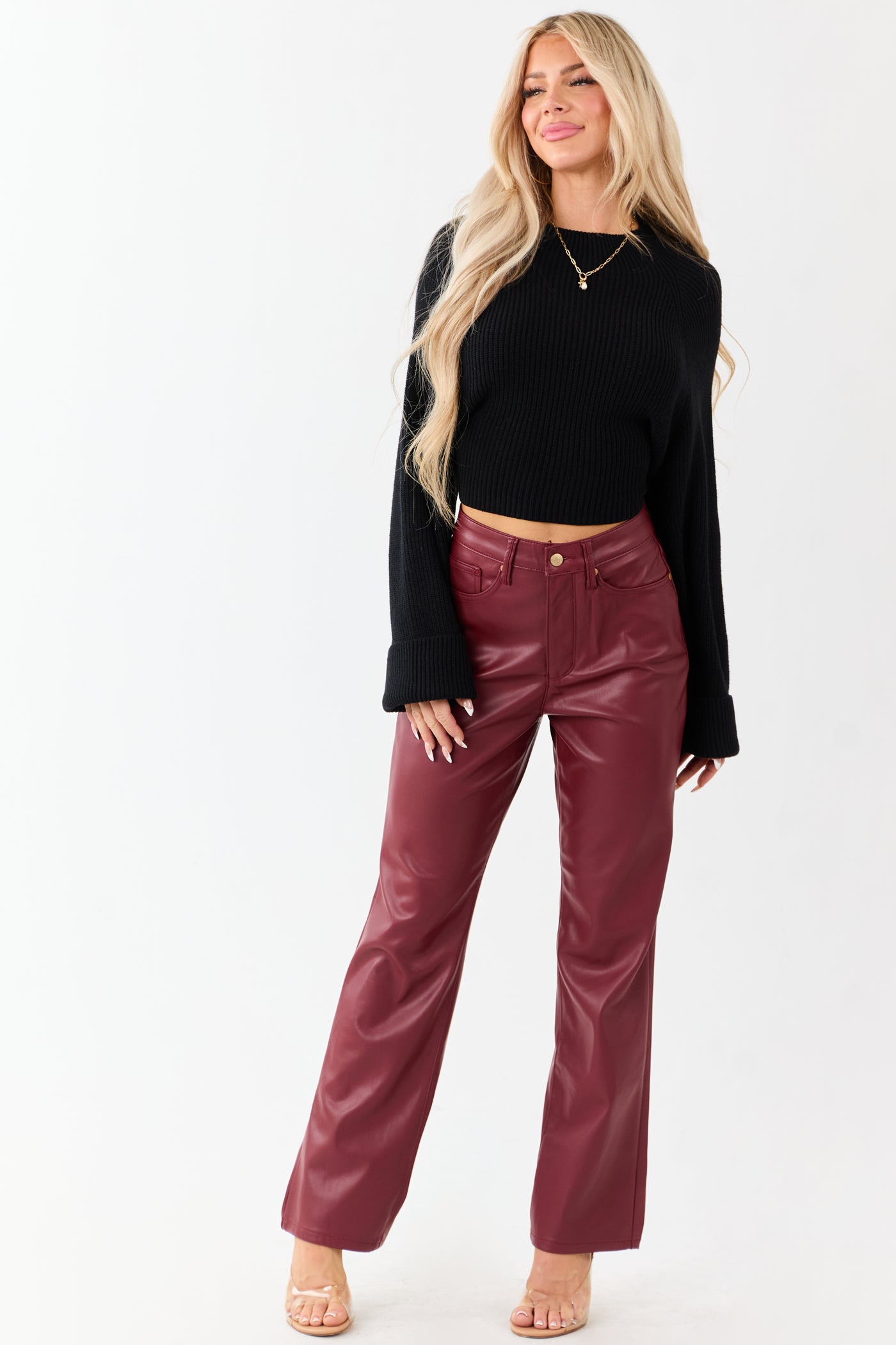 Judy Blue Burgundy Faux Leather Tummy Control Pants Lime Lush