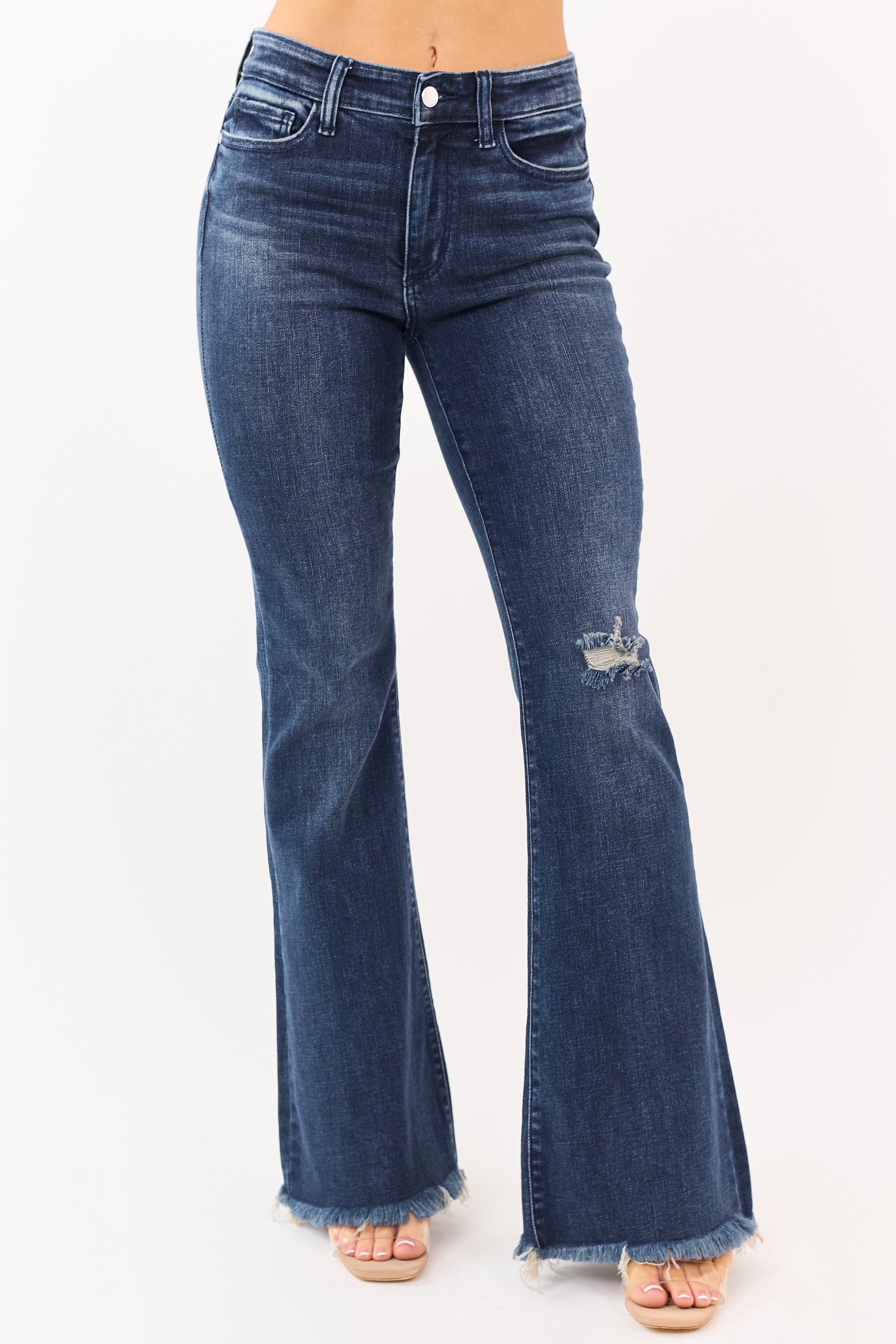 KanCan Dark Wash Frayed Hem Stretchy Bootcut Jeans | Lime Lush