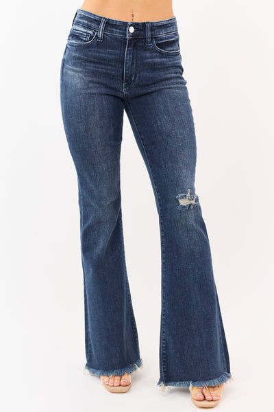 Judy Blue Dark Wash Stretchy Flare Frayed Hem Jeans | Lime Lush