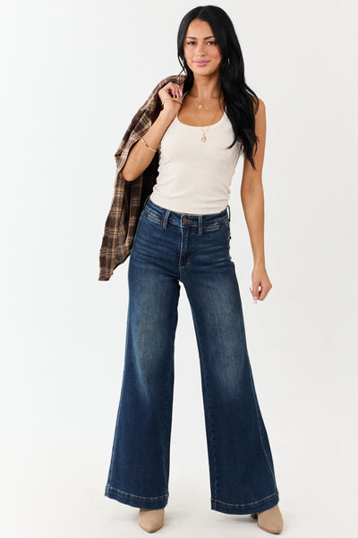 Judy Blue Dark Wash Tummy Control Stretchy Wide Jeans