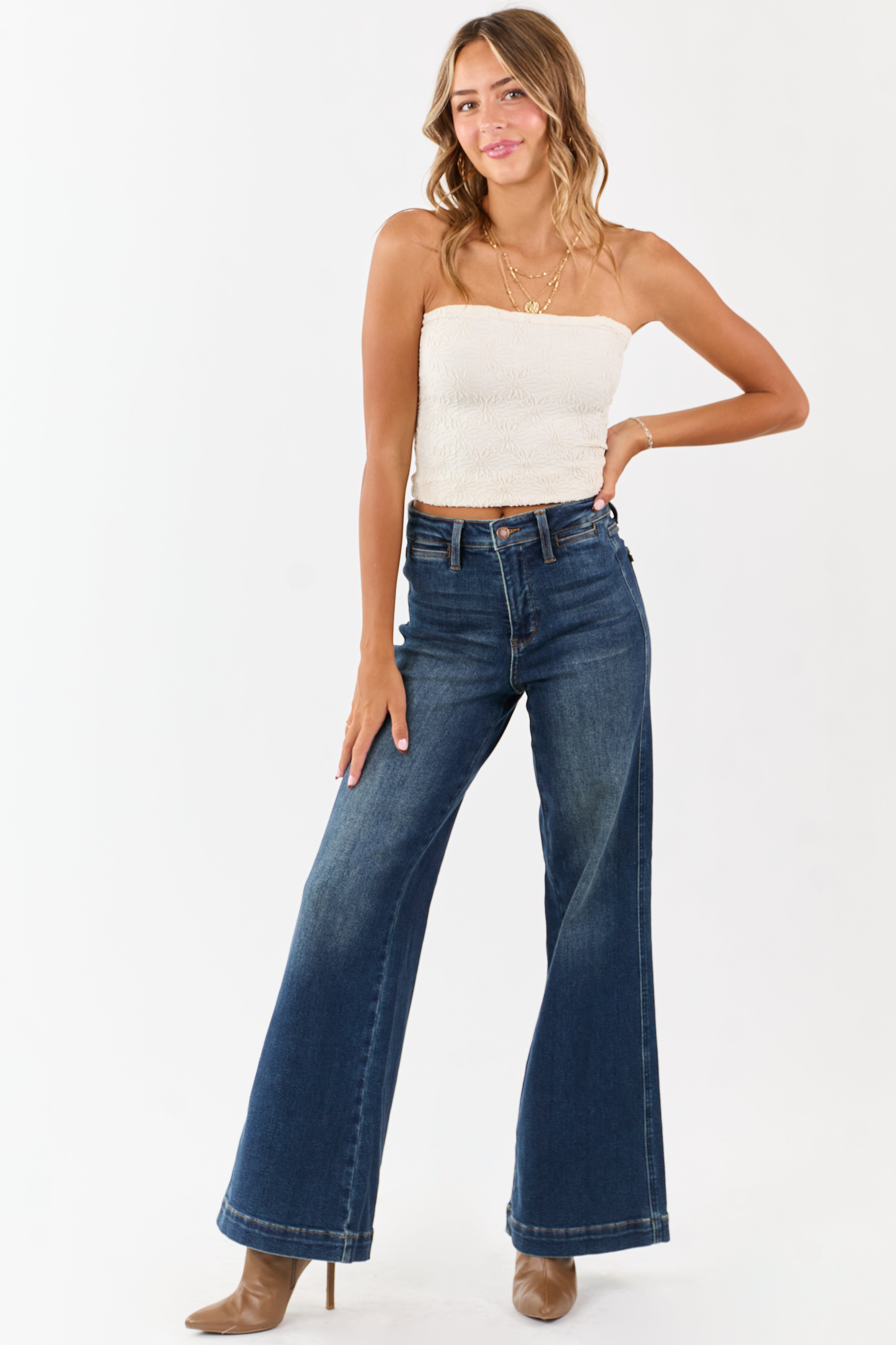 Judy Blue Dark Wash Tummy Control Stretchy Wide Jeans