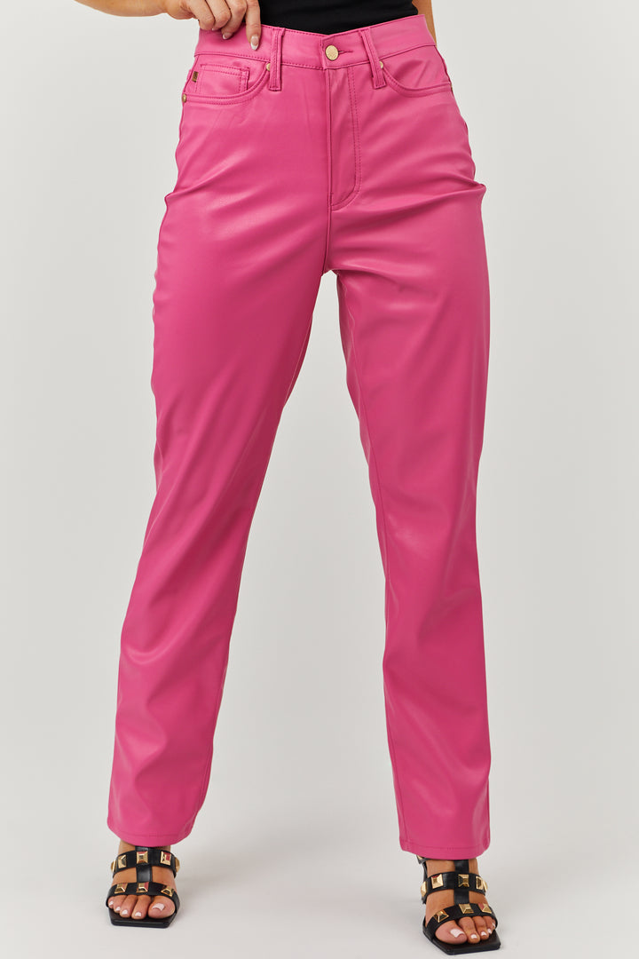 Judy Blue Pink Faux Leather Tummy Control Straight Pants & Lime Lush