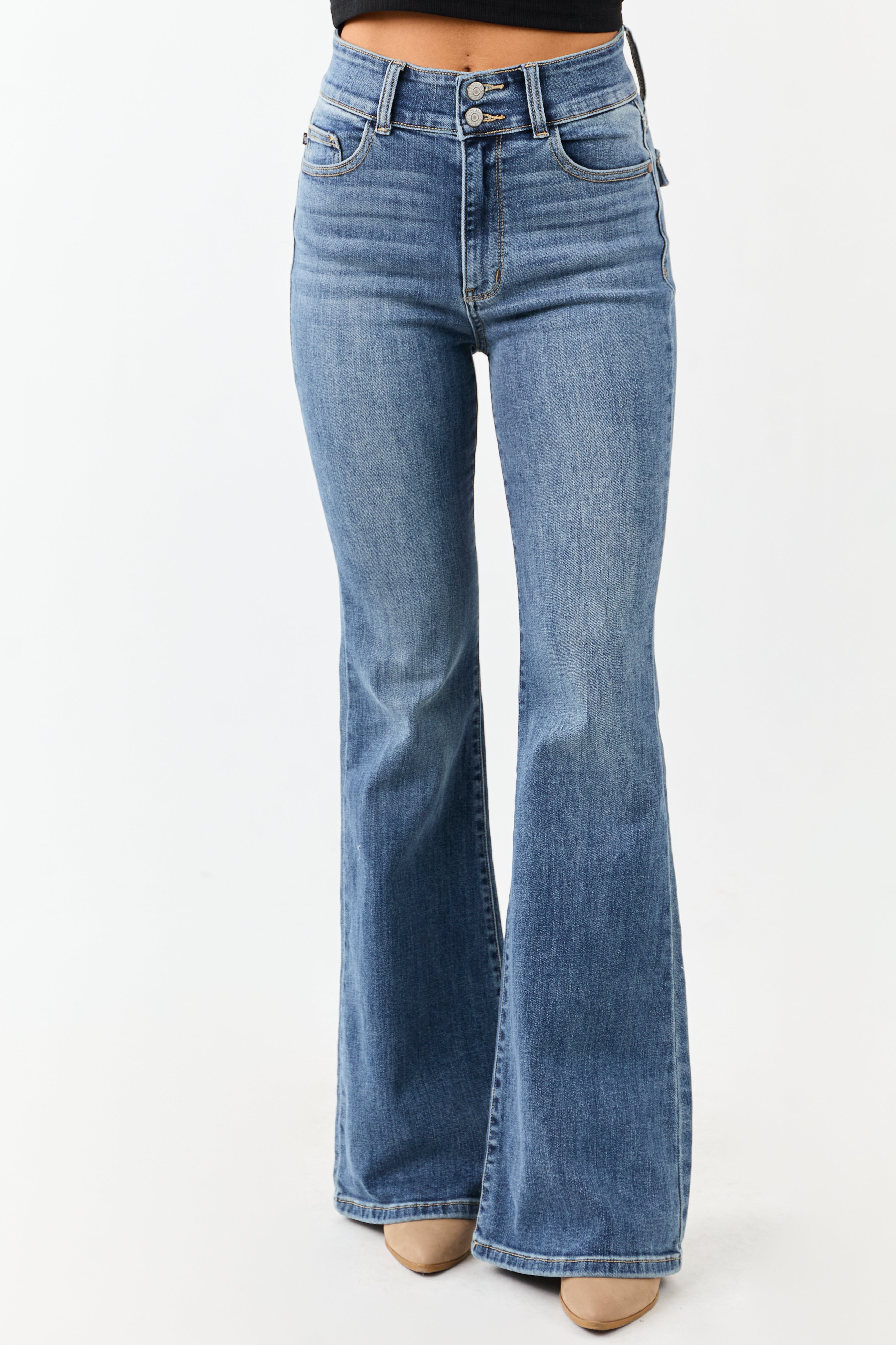 Judy Blue Medium Double Button Stretchy Flare Jeans Lime Lush