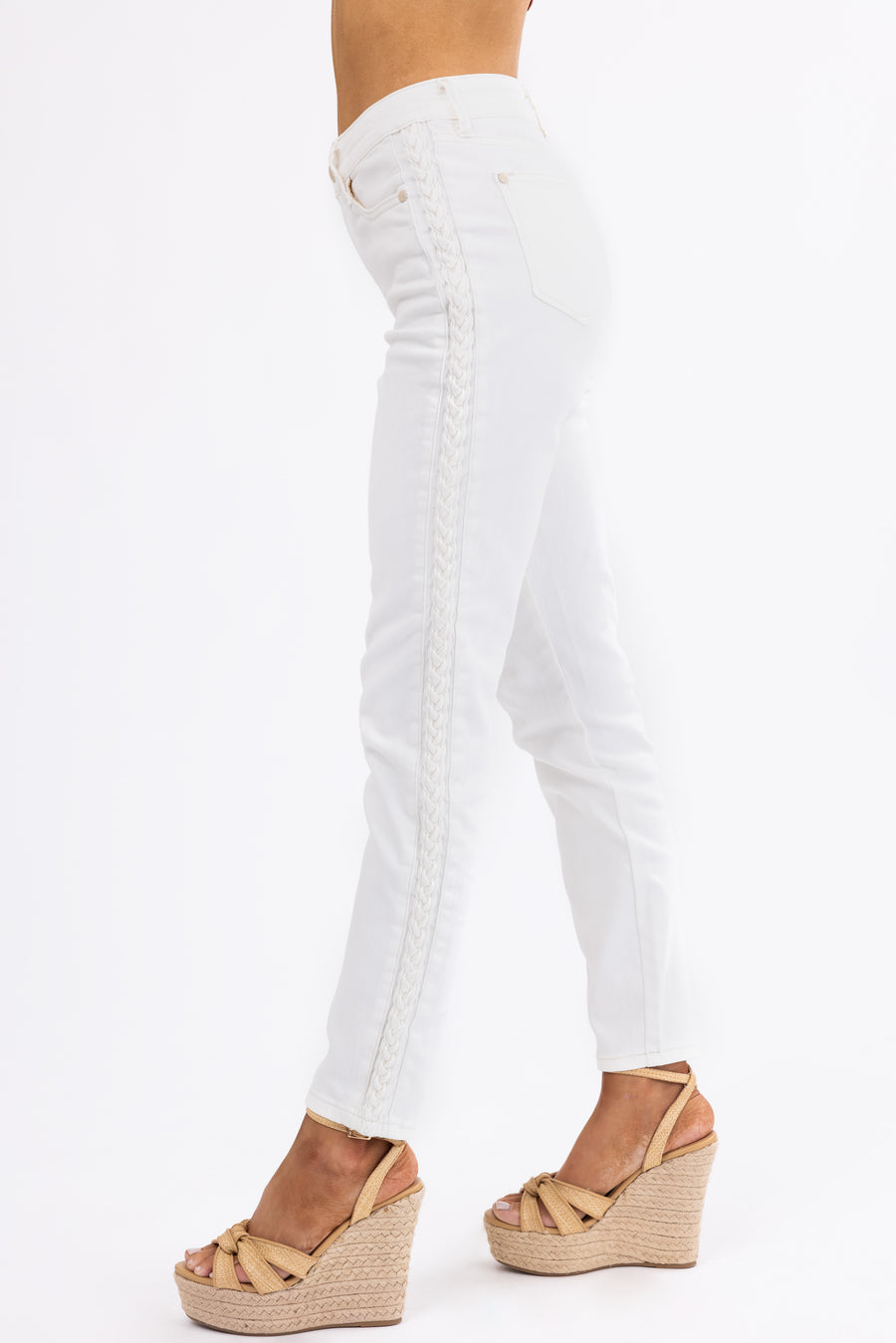 Judy Blue Off White Braided Relaxed Skinny Jeans