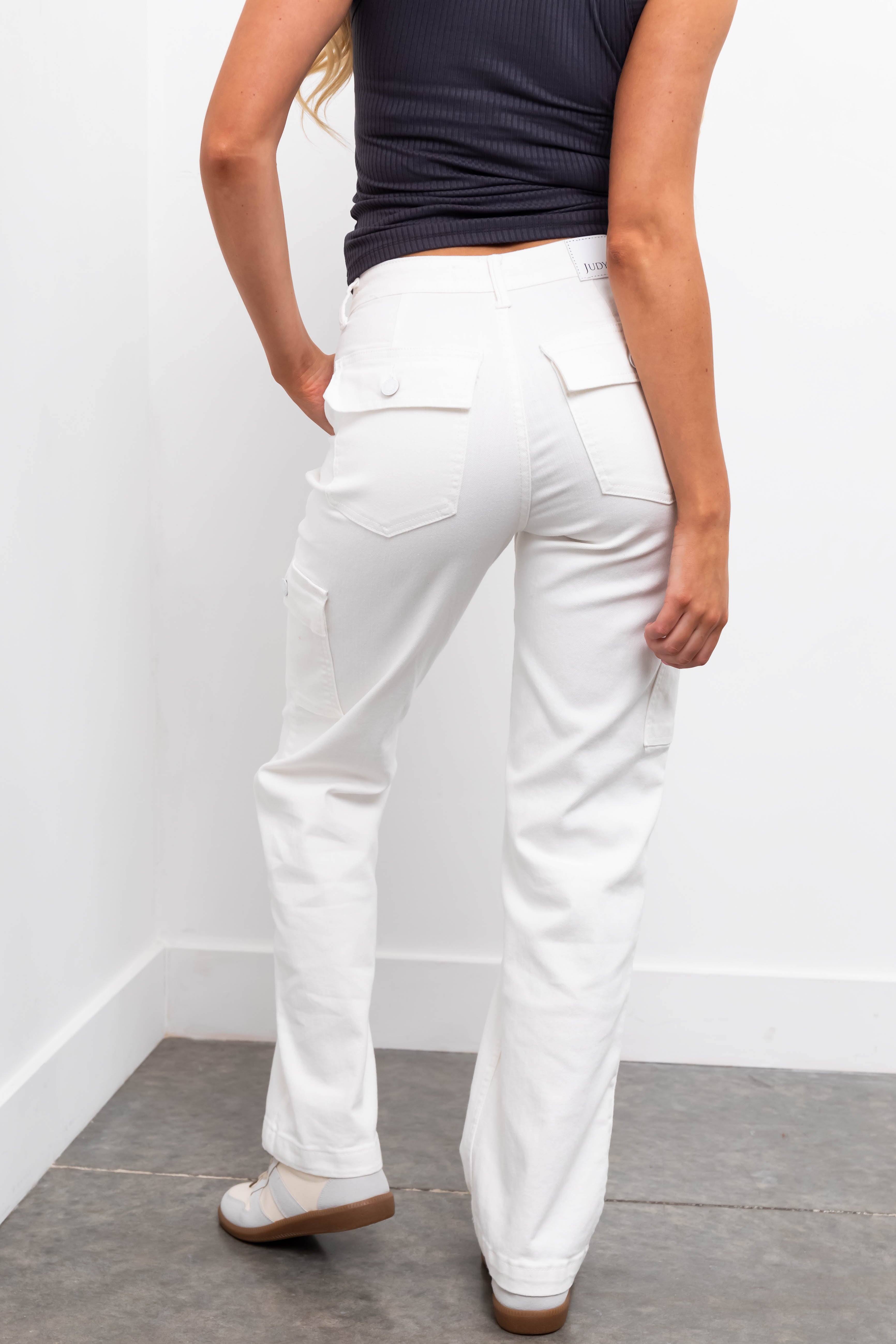 Judy Blue Off White High Rise Cargo Jeans | Lime Lush Boutique