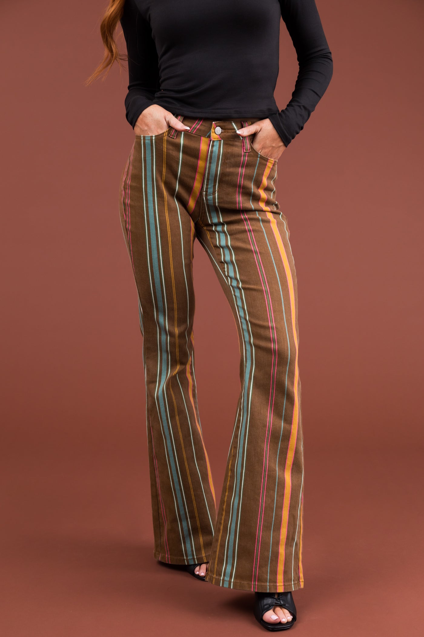 Judy Blue Sepia Mid Rise Striped Flare Jeans