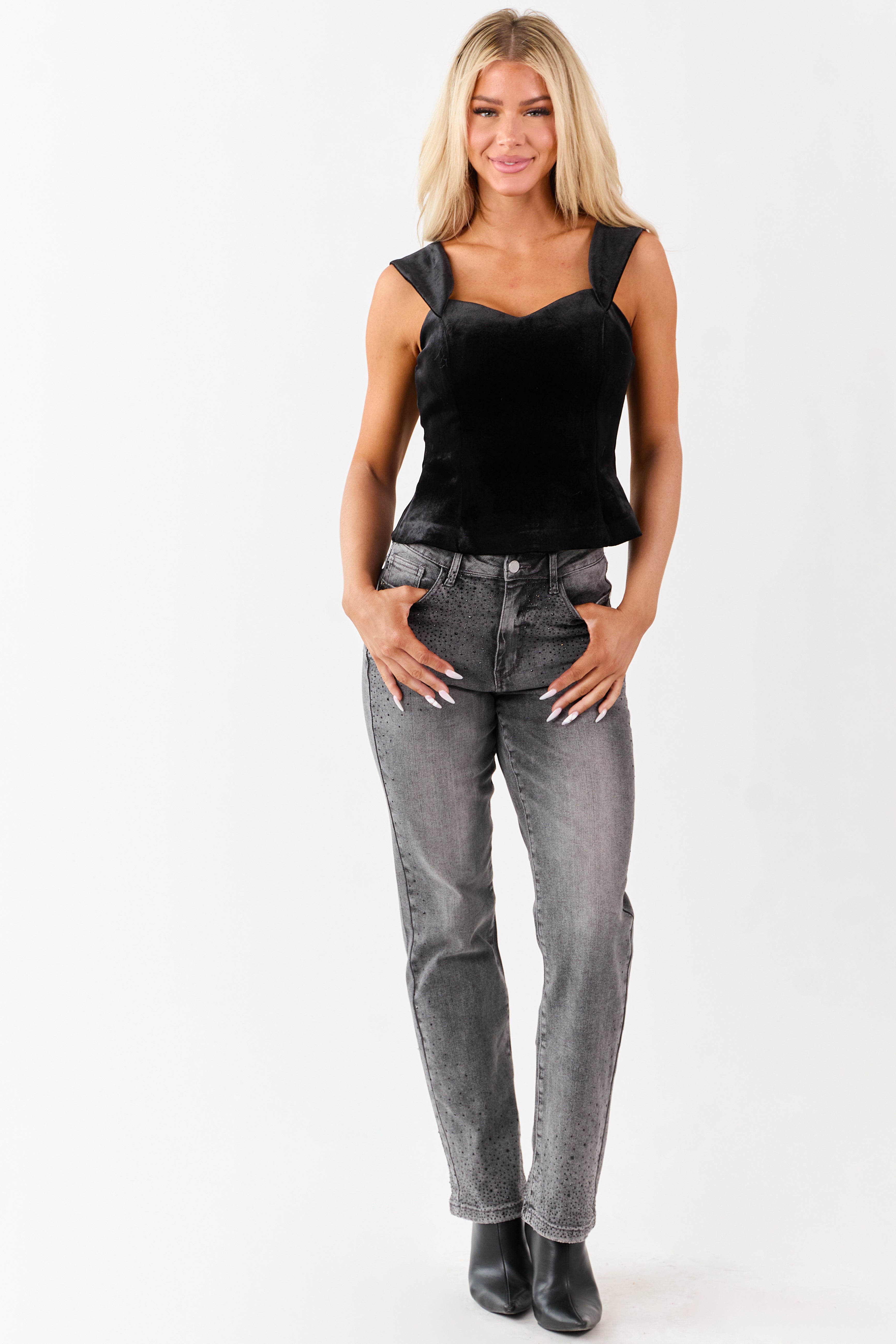 Judy Blue Stone Rhinestone Detail Straight Jeans | Lime Lush Boutique