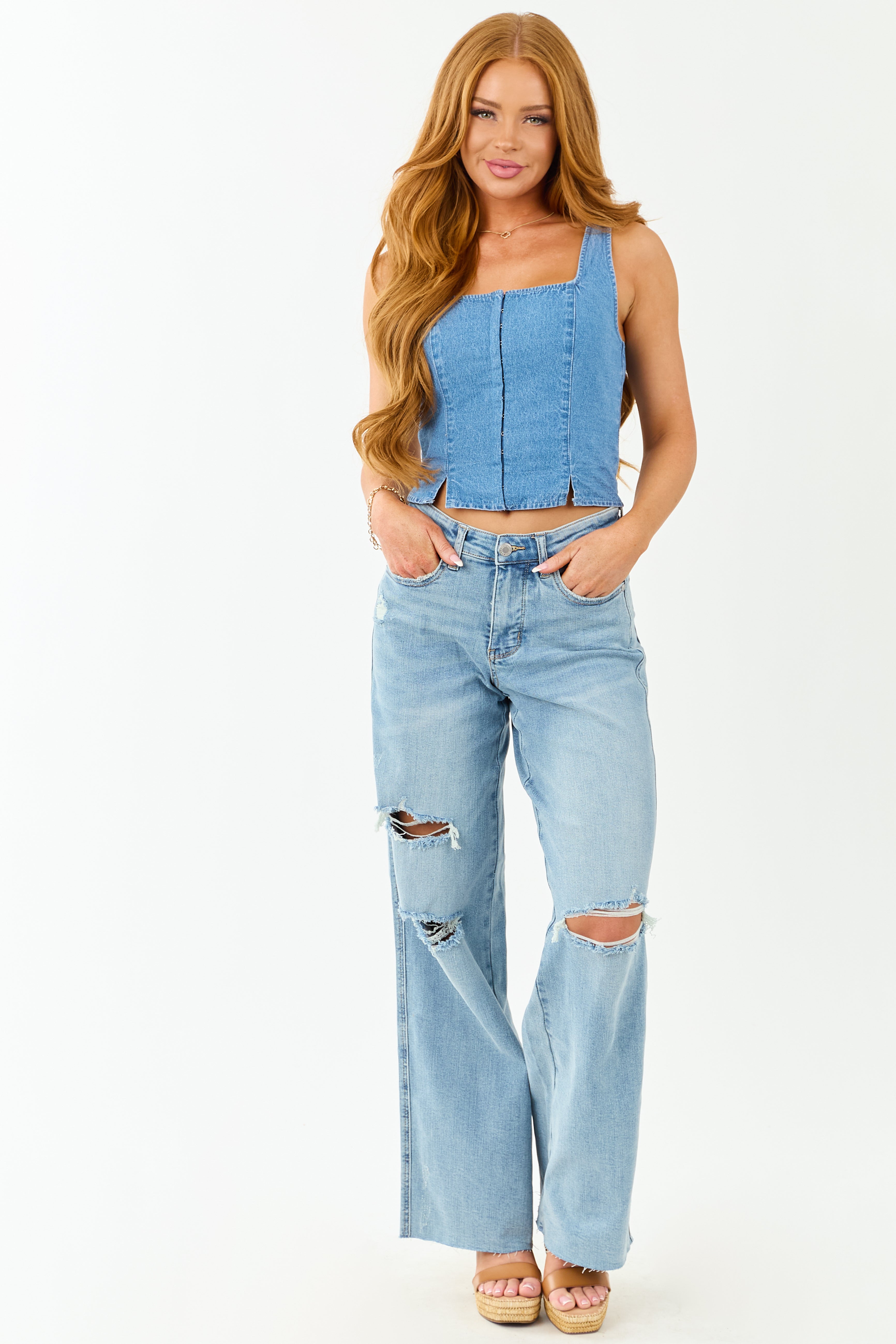 Judy Blue Tummy Control Distressed Stretchy Wide Jeans