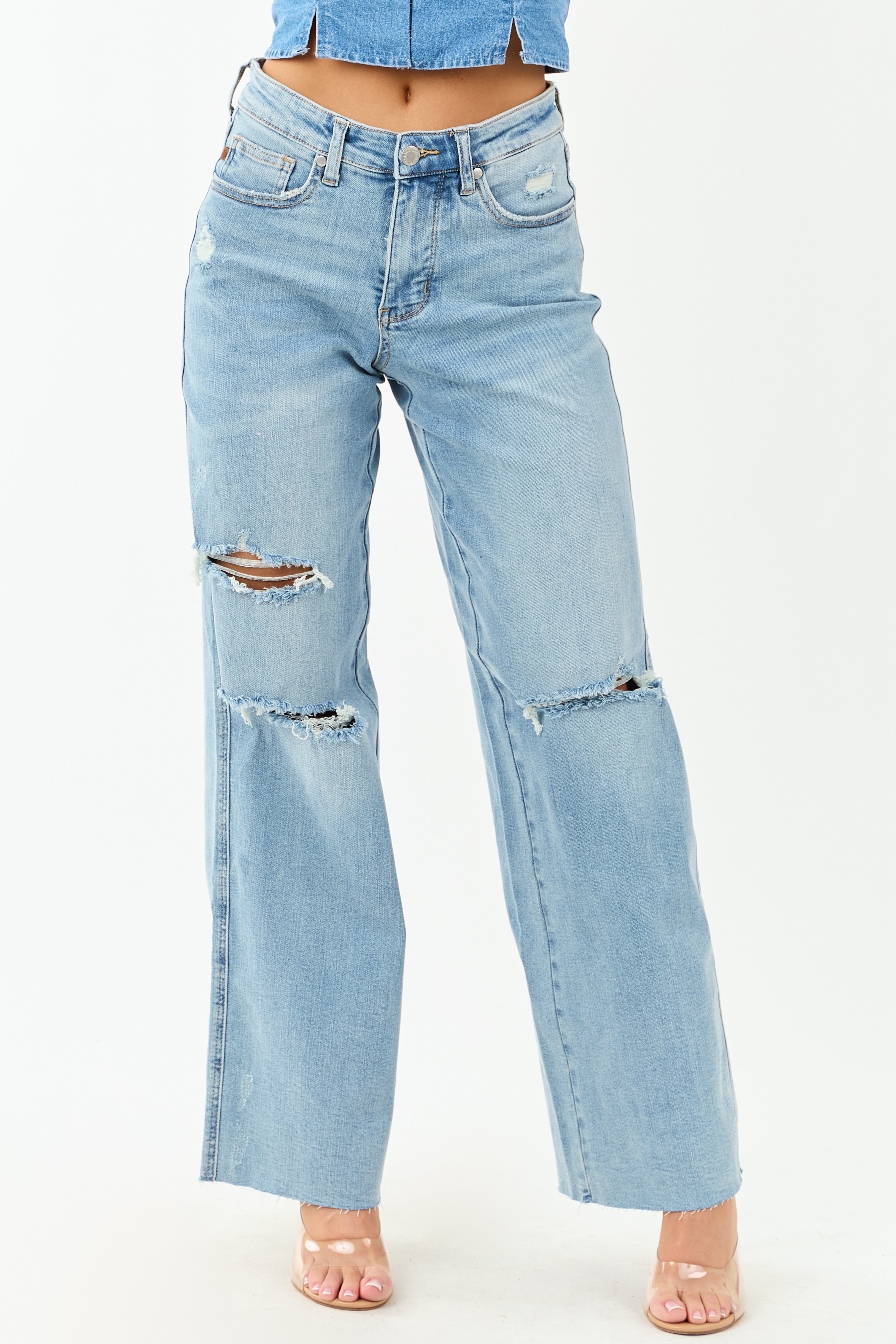 Judy Blue Tummy Control Distressed Stretchy Wide Jeans