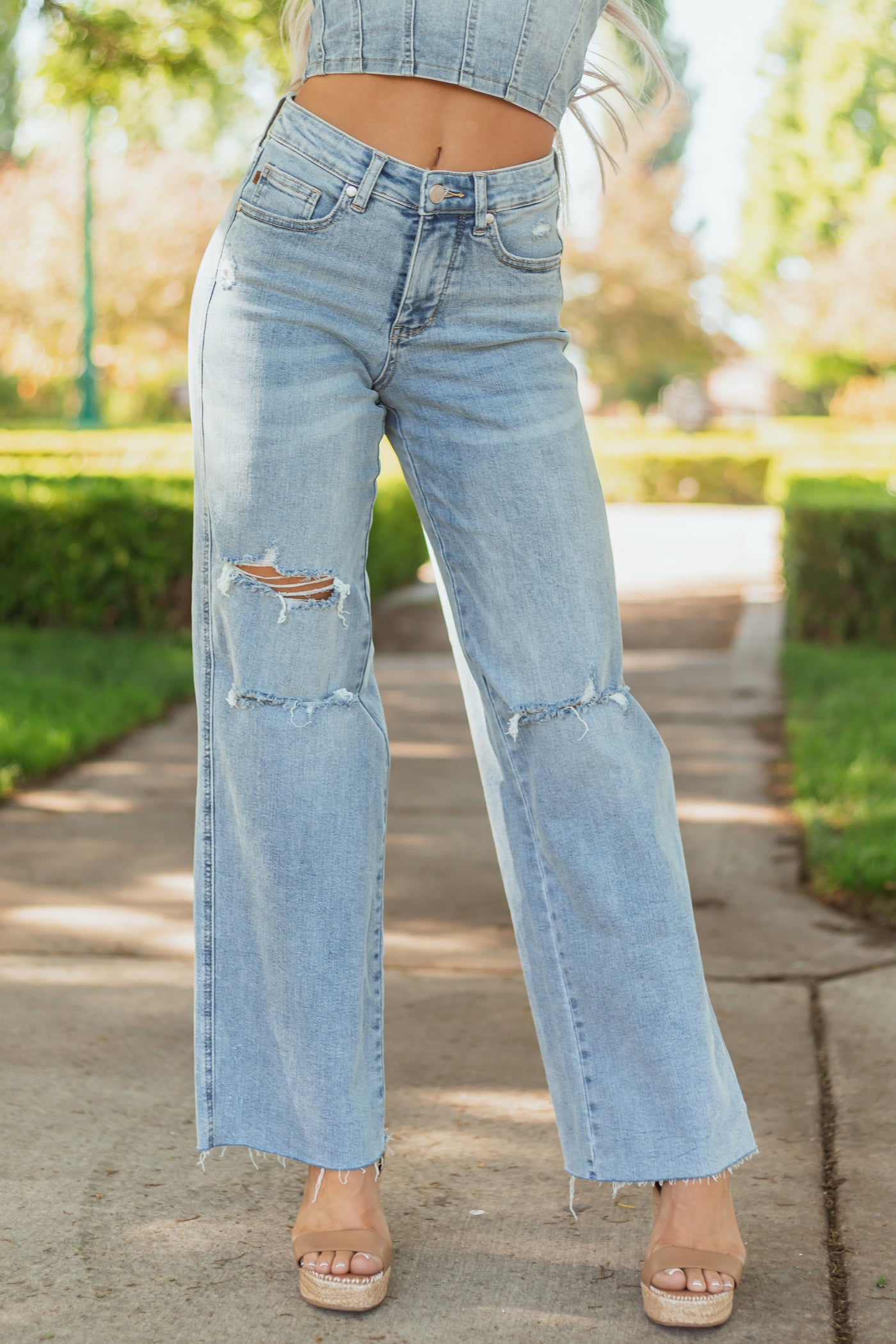 Judy Blue Tummy Control Distressed Stretchy Wide Jeans
