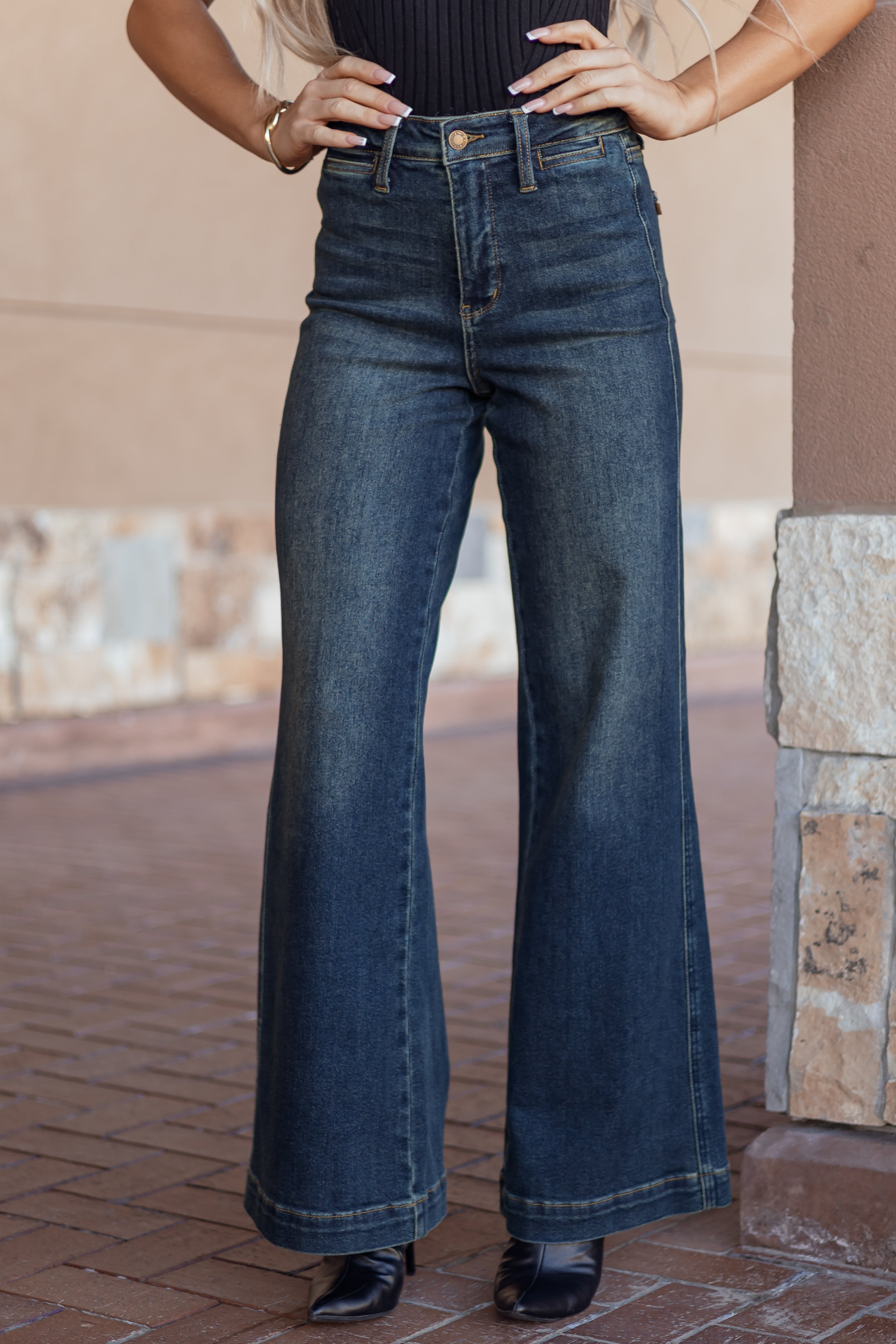JUDY デニムジーンズ Judy Blue Dark Wash Tummy Control Stretchy Wide Jeans | Lime Lush
