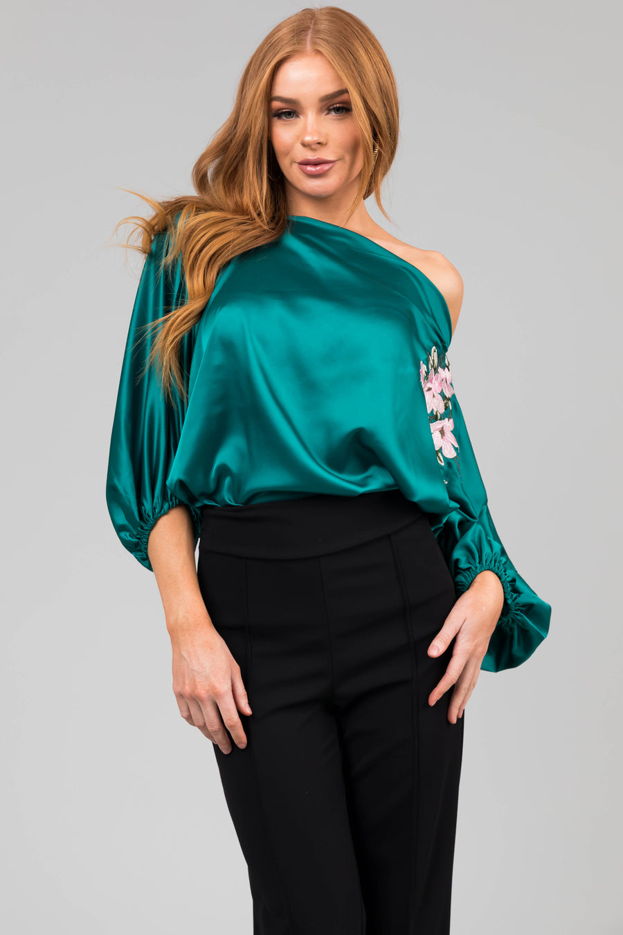 Jungle Green Floral Embroidery Satin Blouse