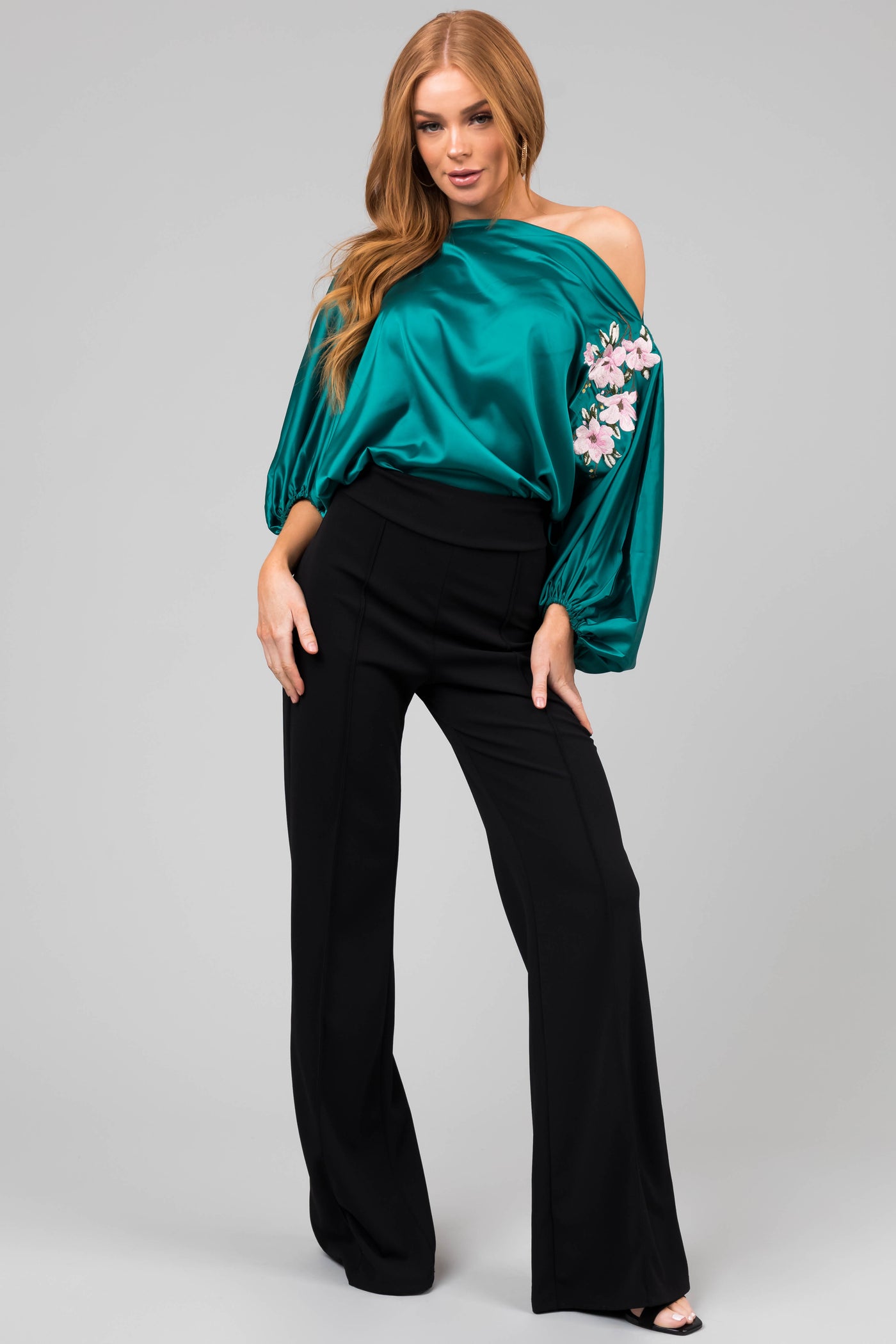 Jungle Green Floral Embroidery Satin Blouse