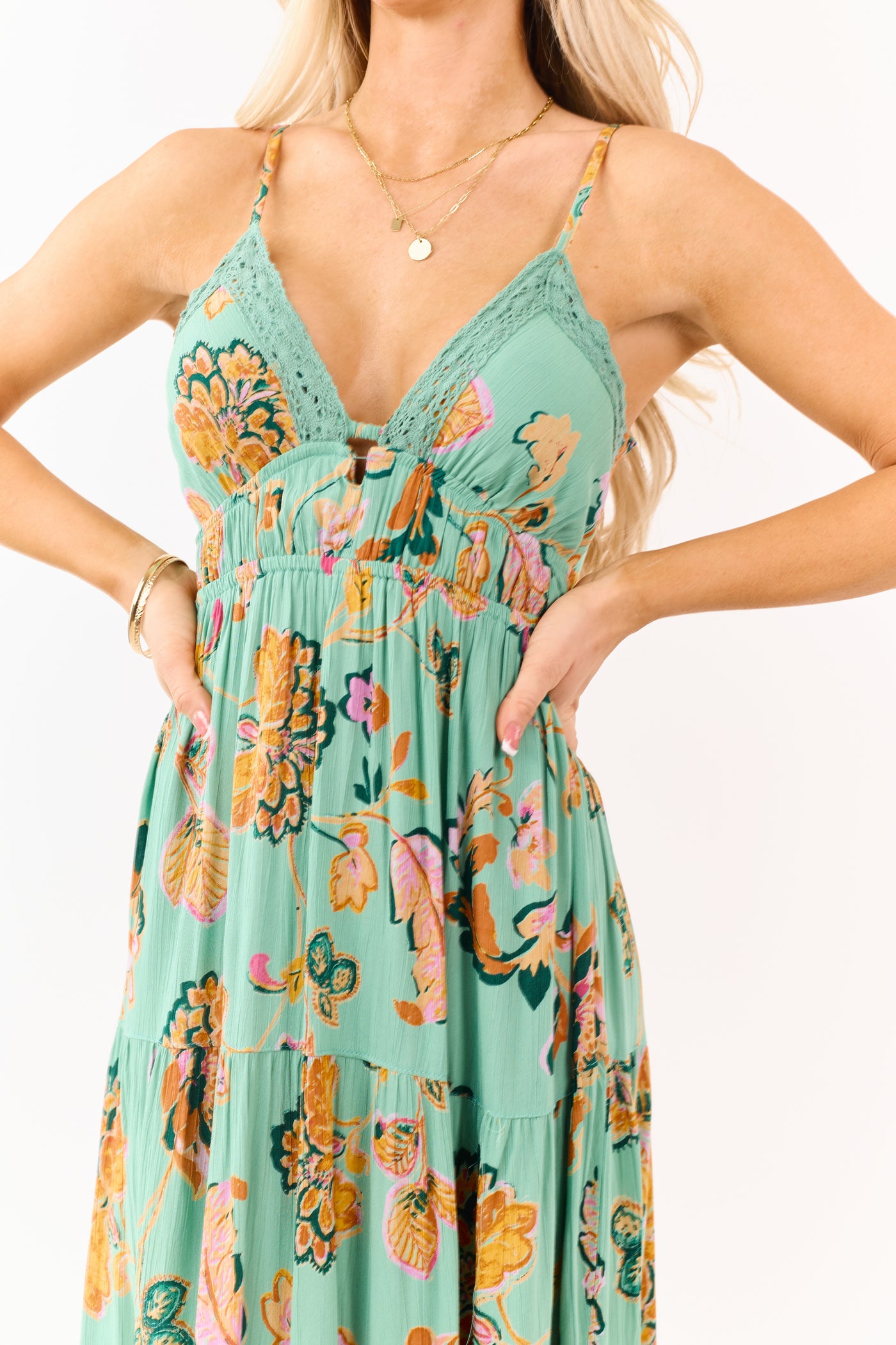 Jungle Green Floral Print Lace Trim Maxi Dress
