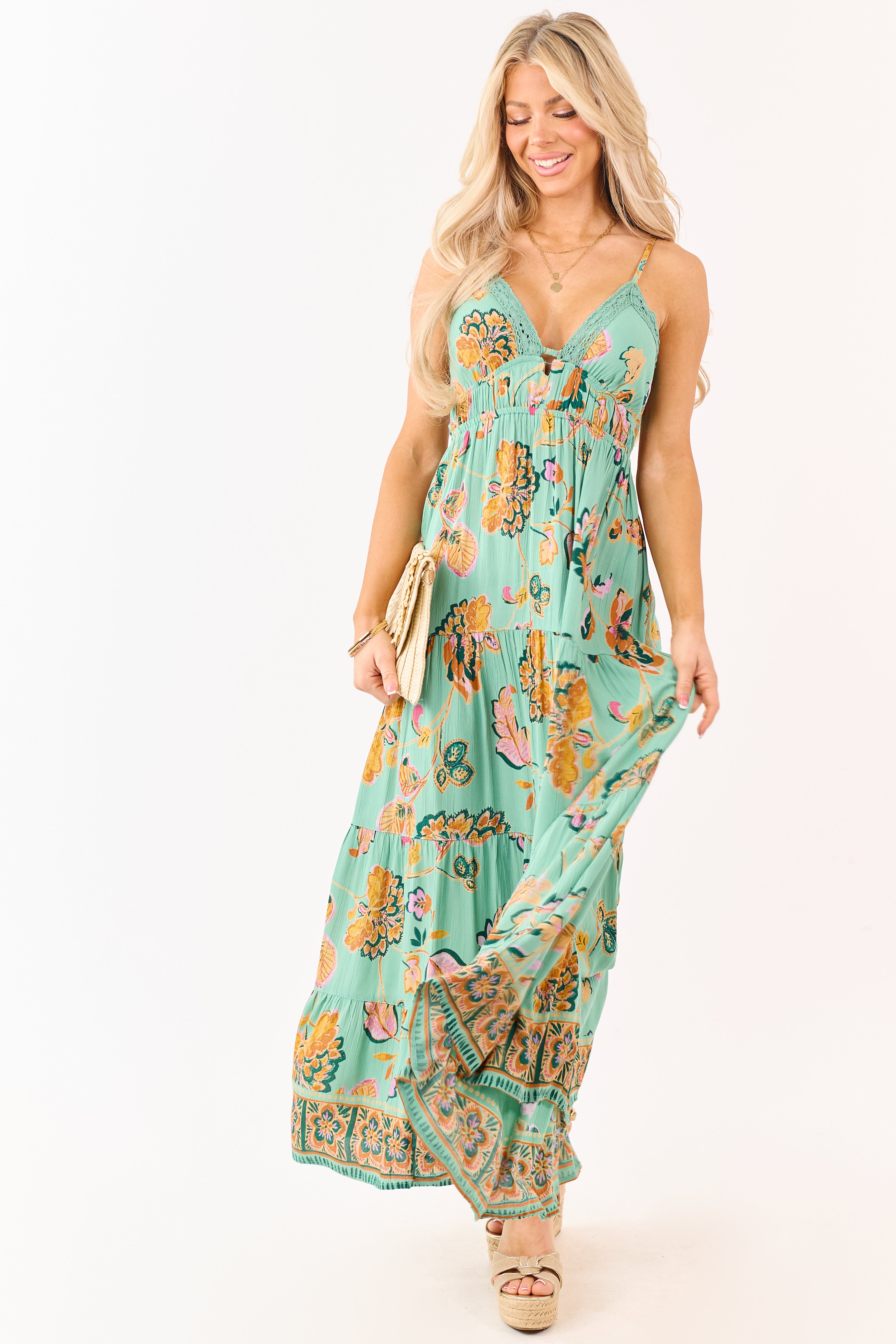 Jungle Green Floral Print Lace Trim Maxi Dress