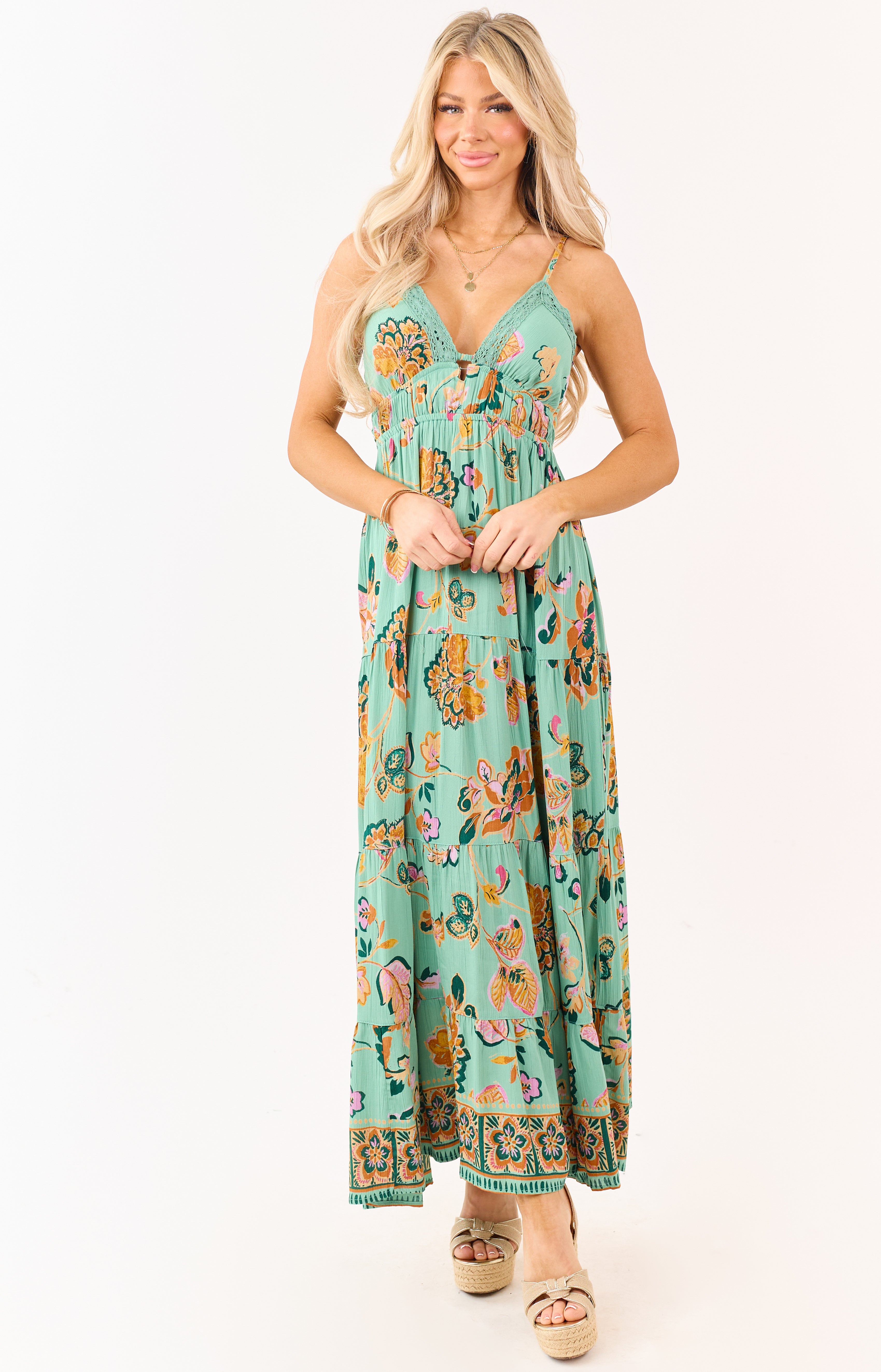 Jungle Green Floral Print Lace Trim Maxi Dress
