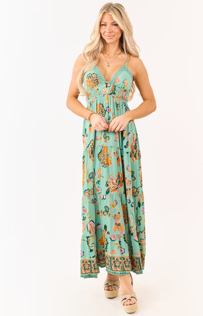 Jungle Green Floral Print Lace Trim Maxi Dress