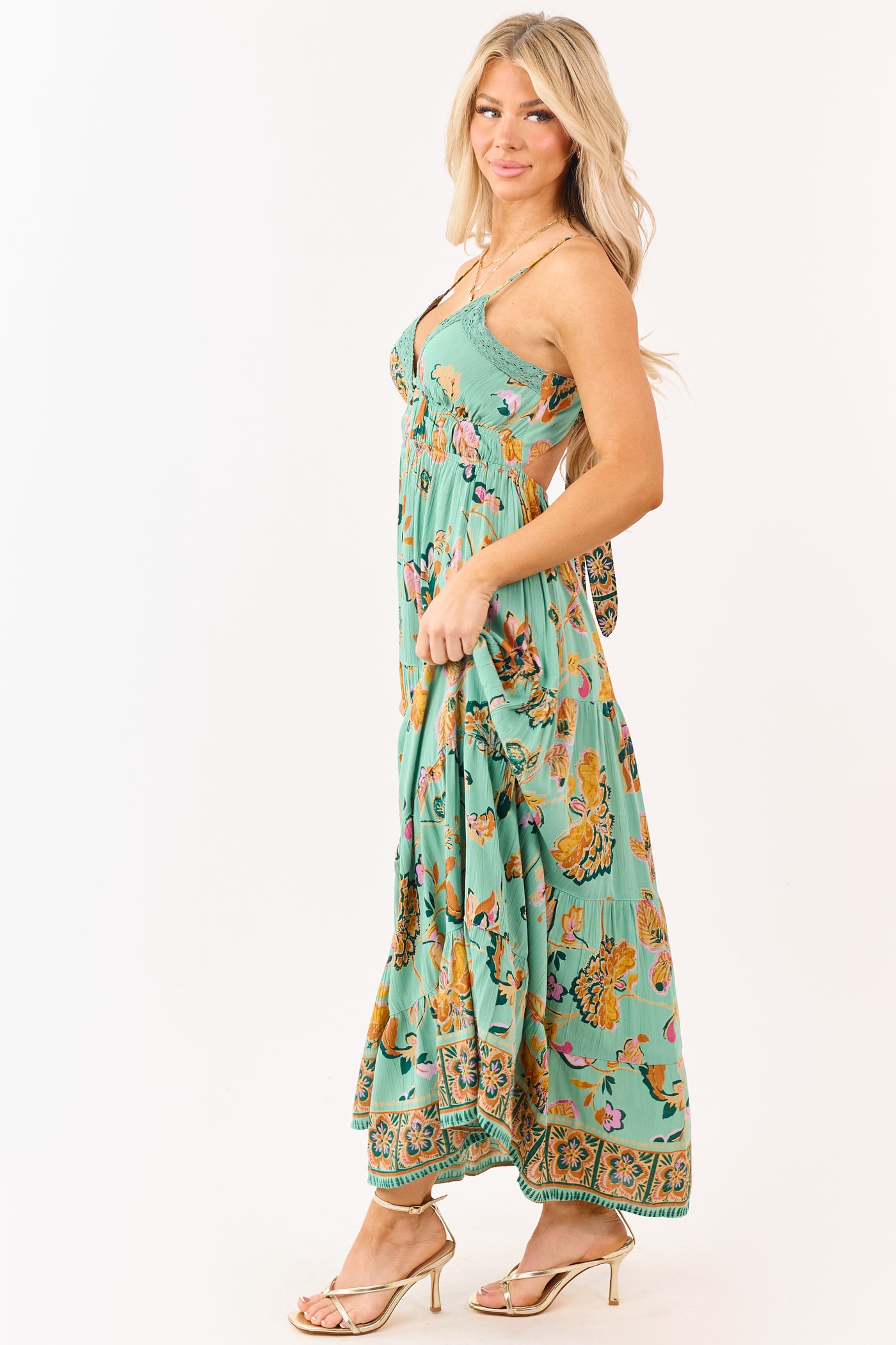 Jungle Green Floral Print Lace Trim Maxi Dress
