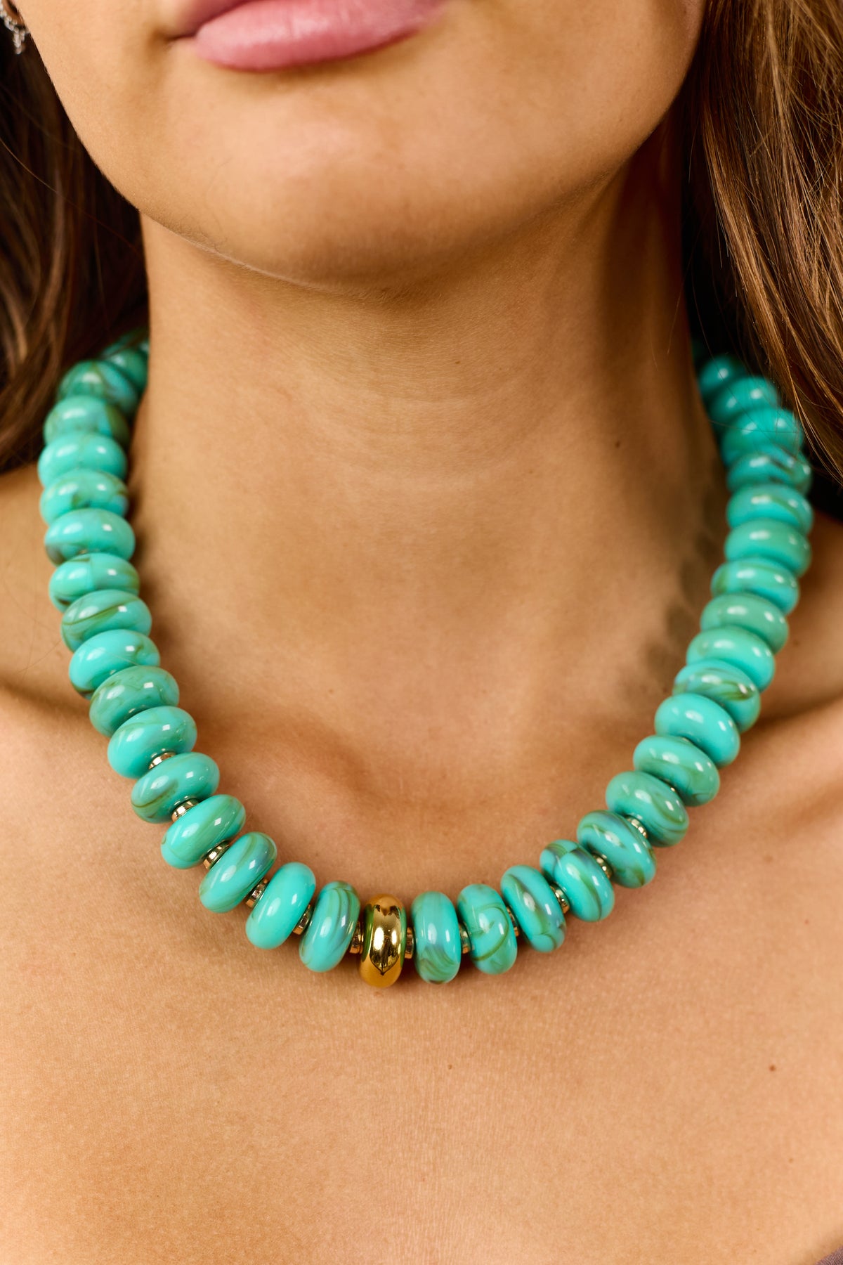 Jungle Green Resin Bead Gold Accent Necklace