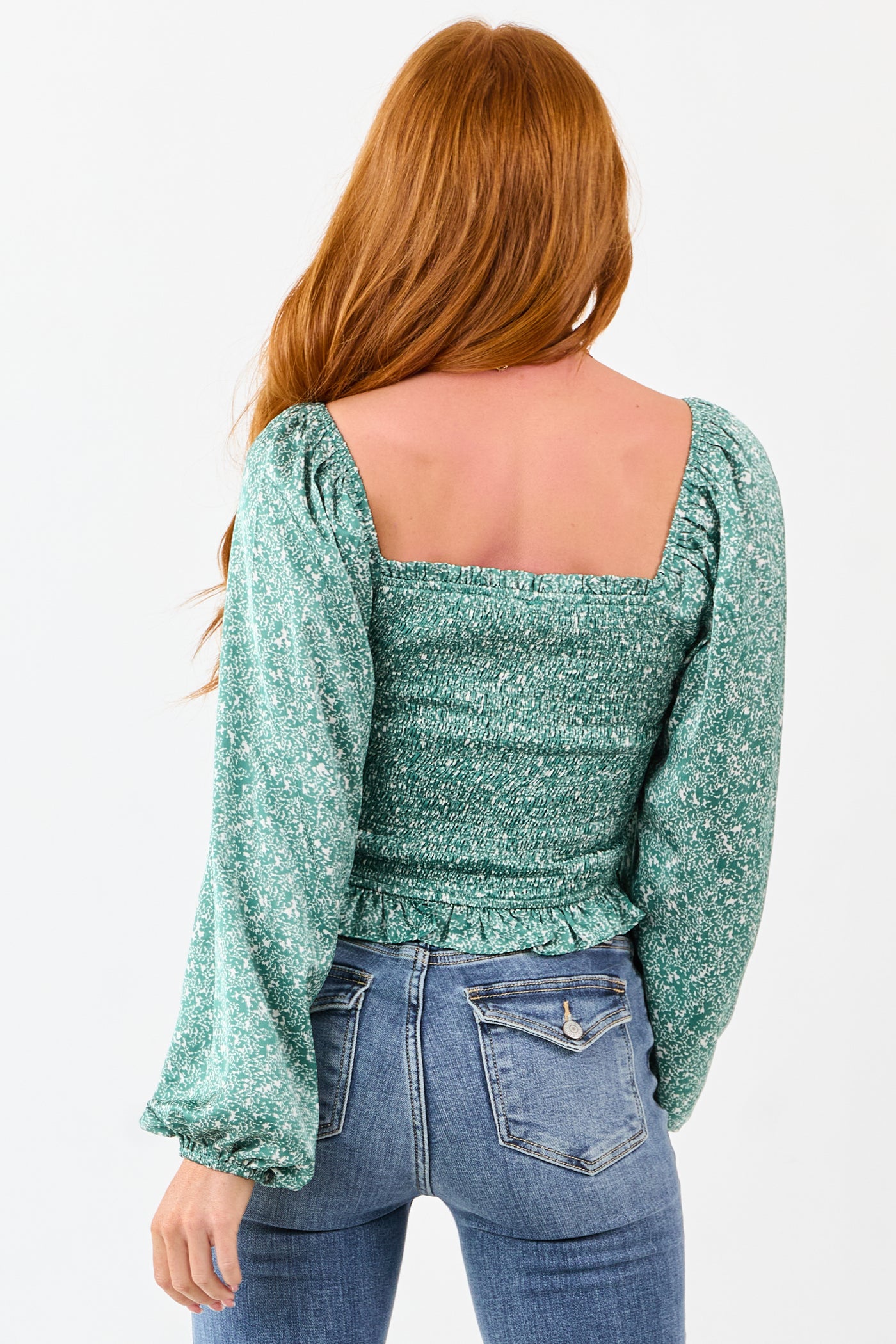 Juniper Abstract Print Satin Smocked Long Sleeve Top