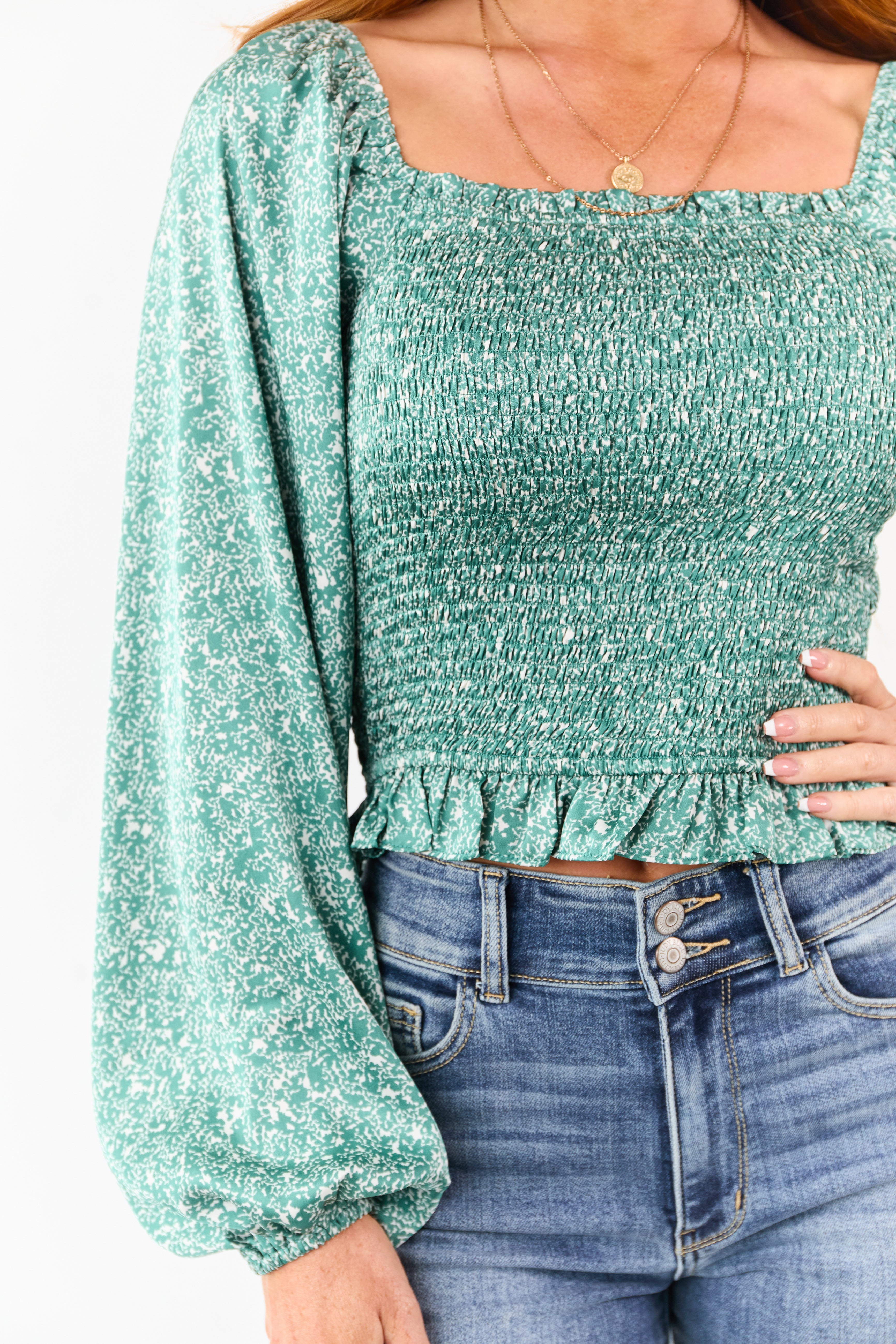 Juniper Abstract Print Satin Smocked Long Sleeve Top