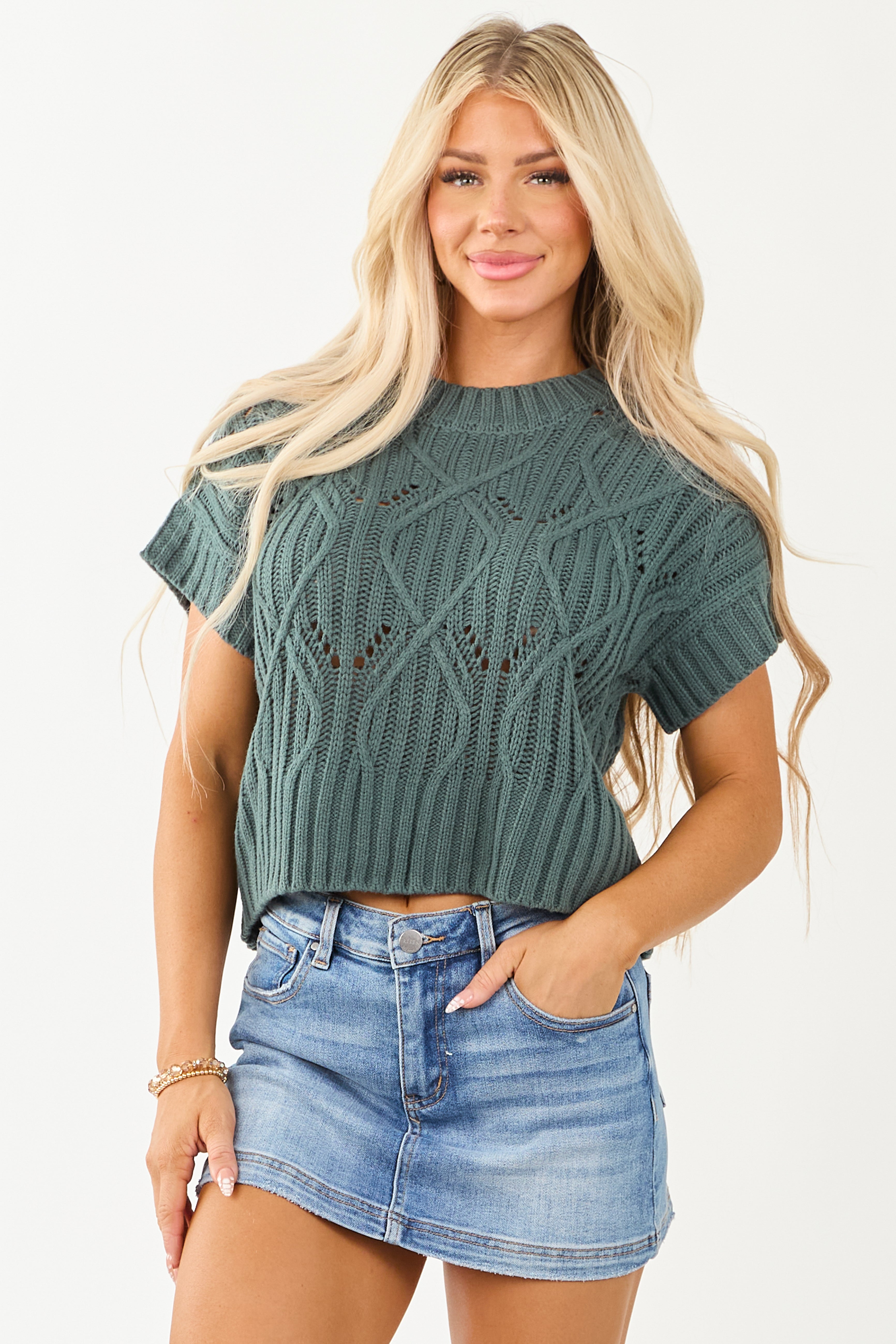 Juniper Cable Knit Short Sleeve Sweater Top