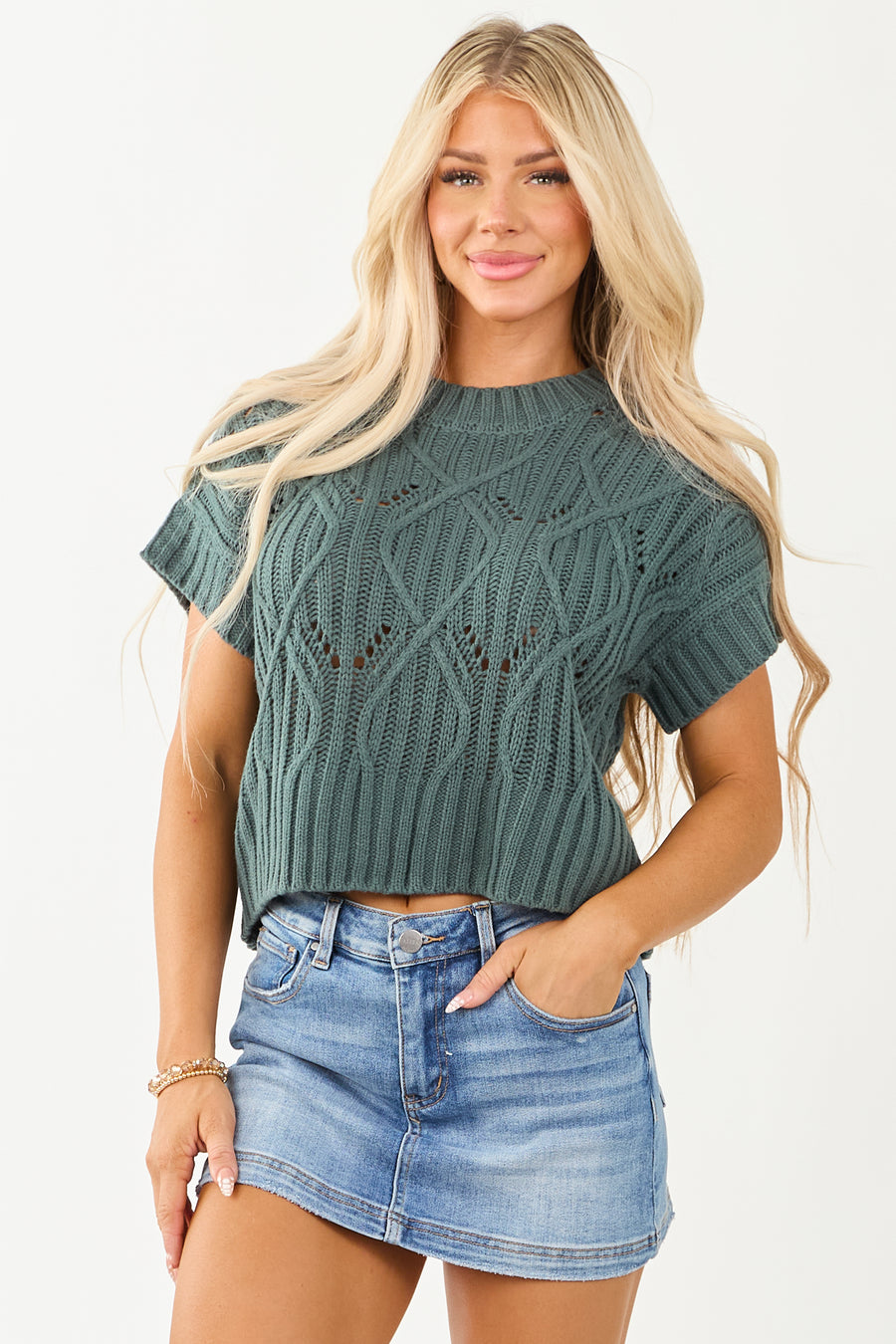 Juniper Cable Knit Short Sleeve Sweater Top