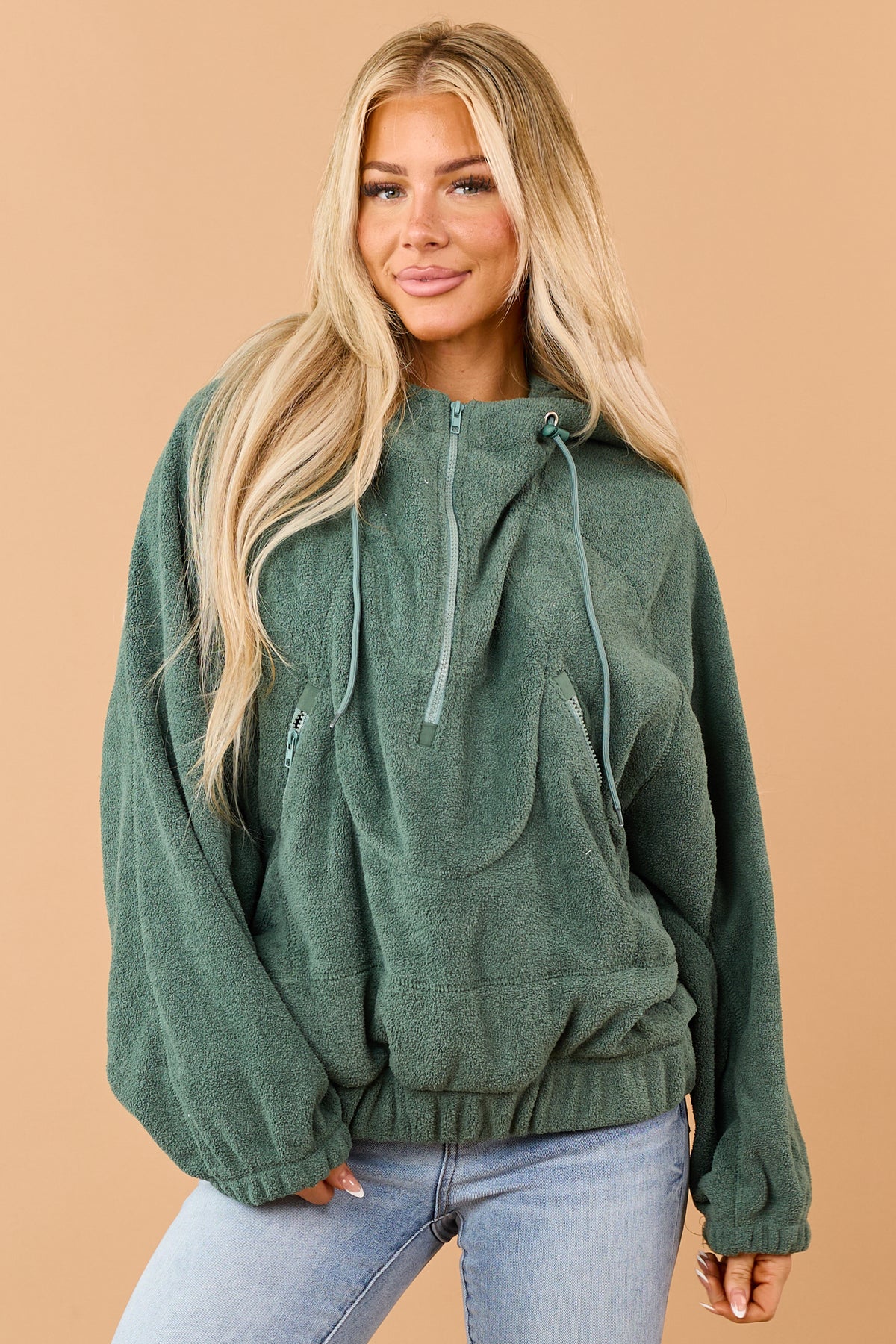 Juniper Green Half Zip Hooded Soft Fleece Jacket