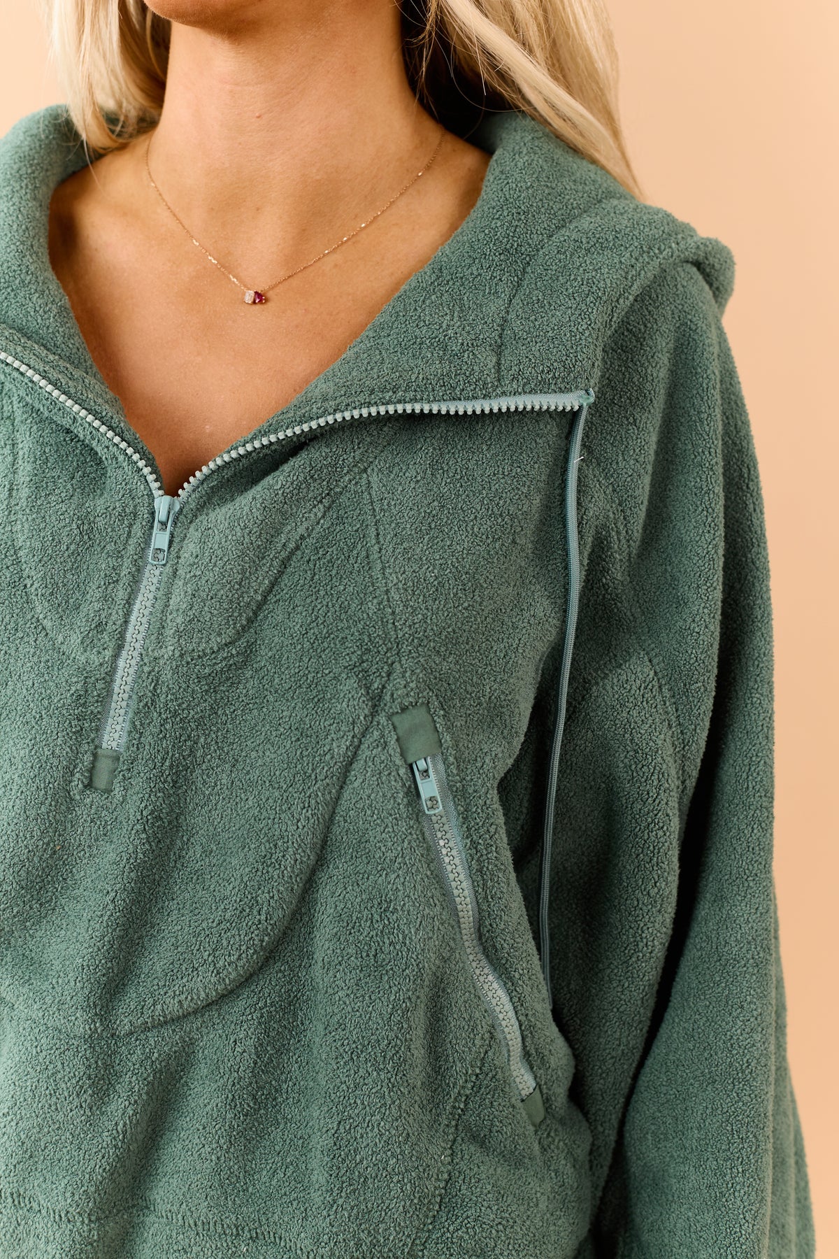 Juniper Green Half Zip Hooded Soft Fleece Jacket