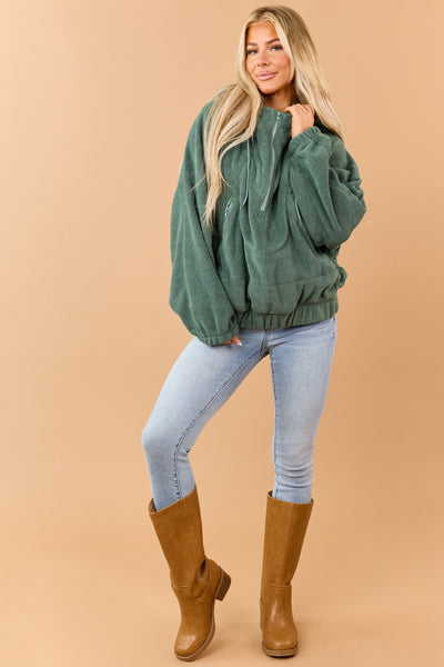 Juniper Green Half Zip Hooded Soft Fleece Jacket